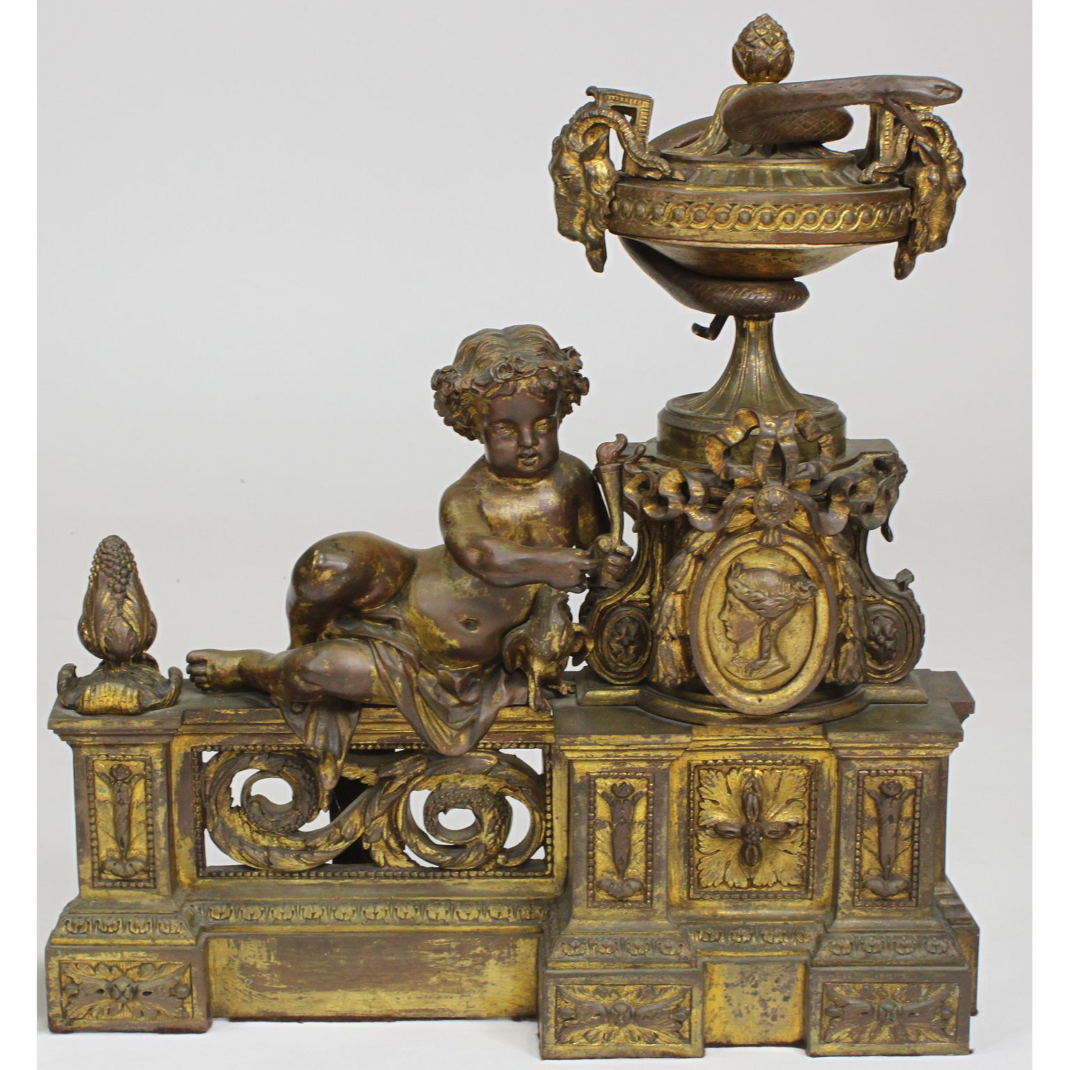 French 19th Century Louis XV Style Gilt-Bronze Chenets Andirons with Putti, Pair In Distressed Condition For Sale In Los Angeles, CA