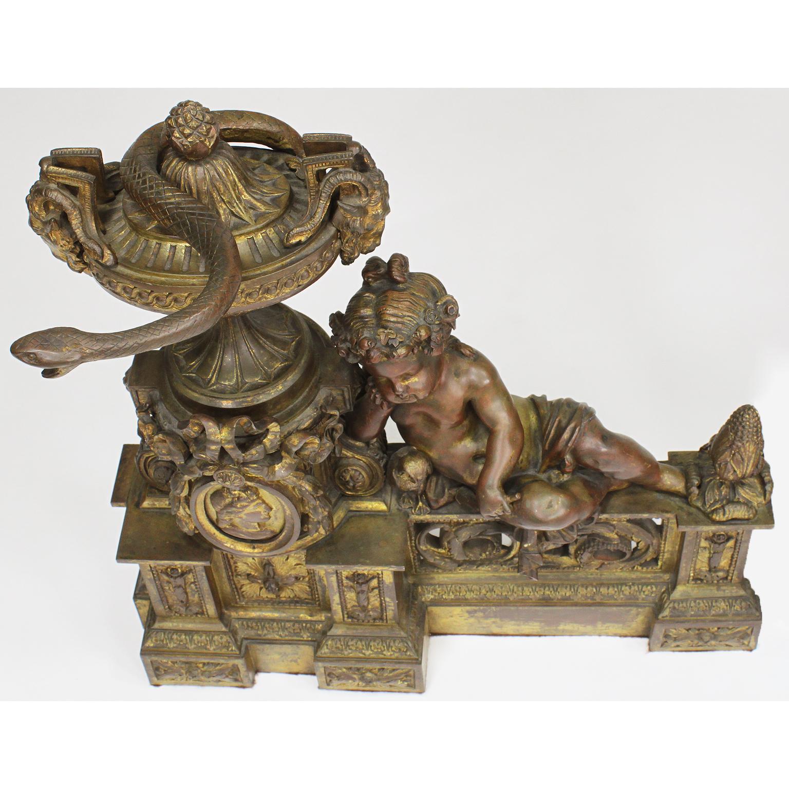 French 19th Century Louis XV Style Gilt-Bronze Chenets Andirons with Putti, Pair For Sale 1