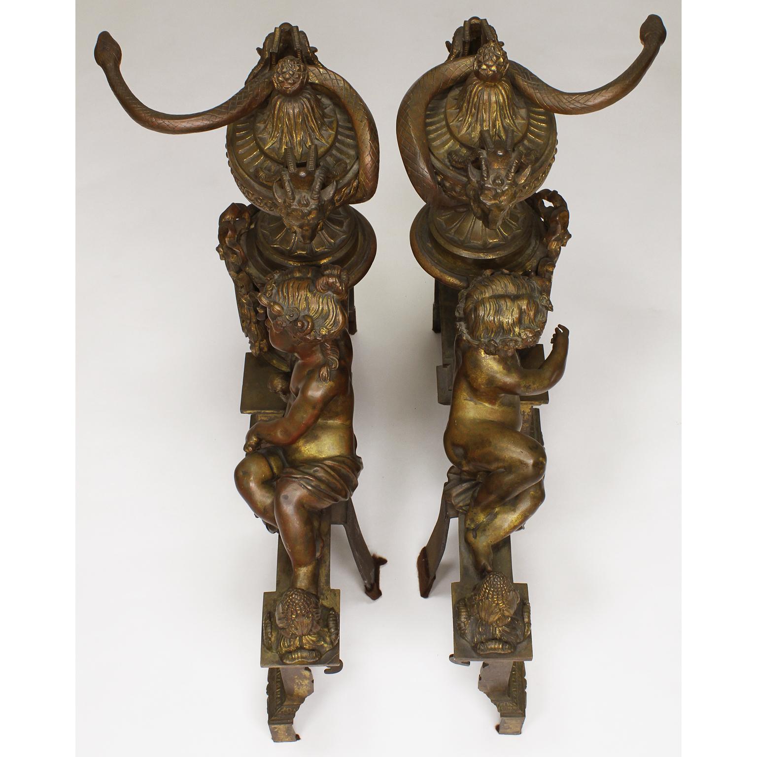 French 19th Century Louis XV Style Gilt-Bronze Chenets Andirons with Putti, Pair For Sale 3