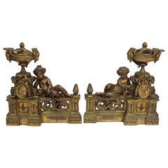 French 19th Century Louis XV Style Gilt-Bronze Chenets Andirons with Putti, Pair