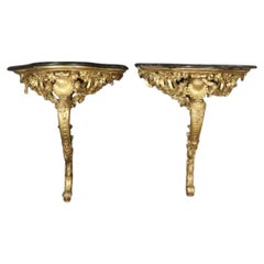 Pair of 18th Century French Rococo Louis XV Carved Gilt Wood Marble Top Consoles