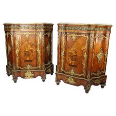Pair French 19th-Century Louis XV-style Marquetry & Ormolu Mounted Side Cabinets