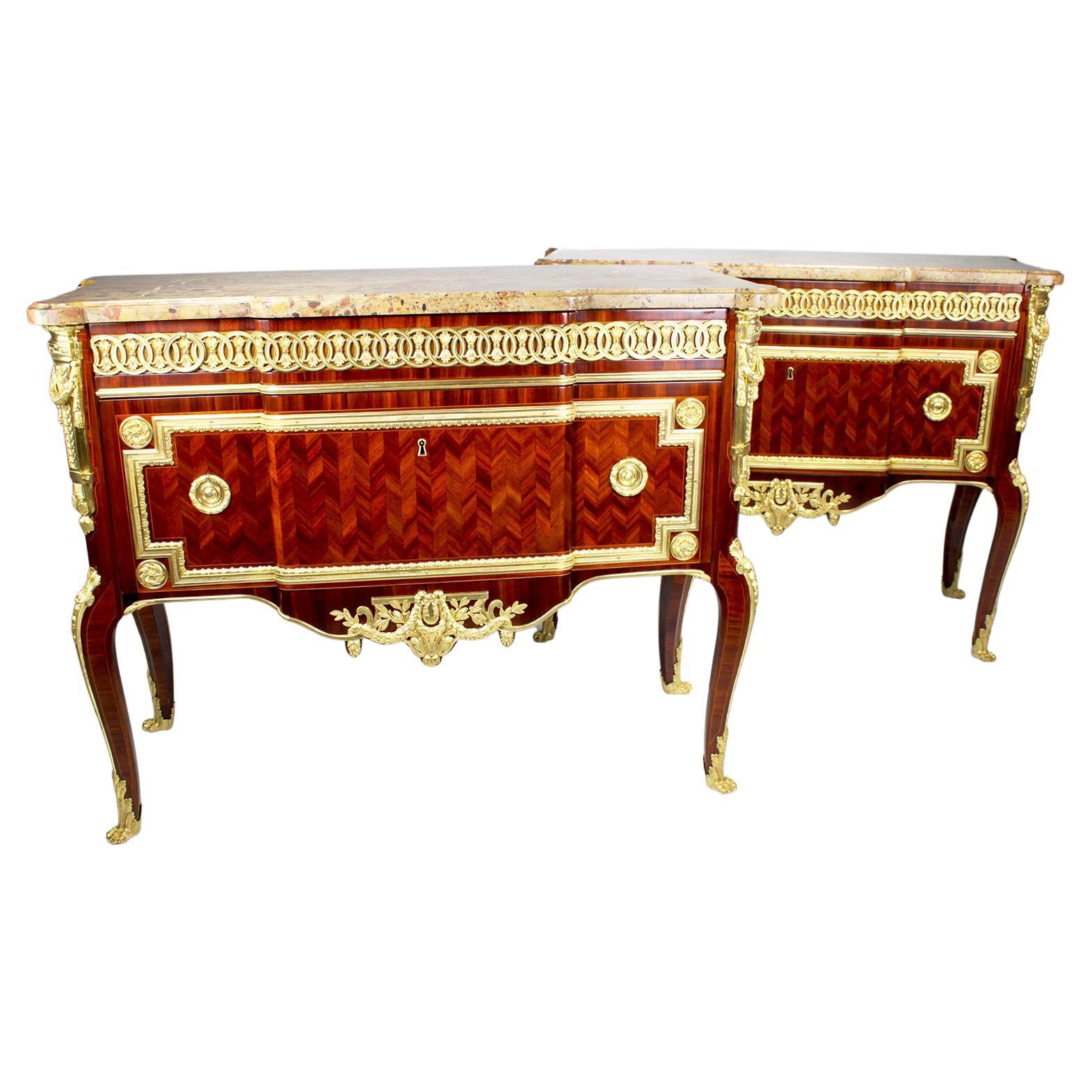 Pair French 19th Century Louis XV/XVI Style Transitional Commodes, Linke Attr. For Sale