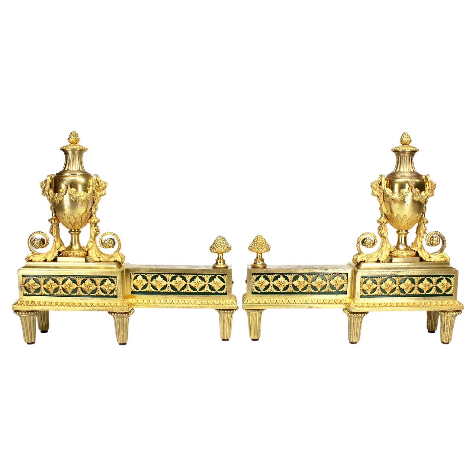 Pair French 19th Century Louis XVI Style Ormolu Figural Chenets, by Henry Dasson