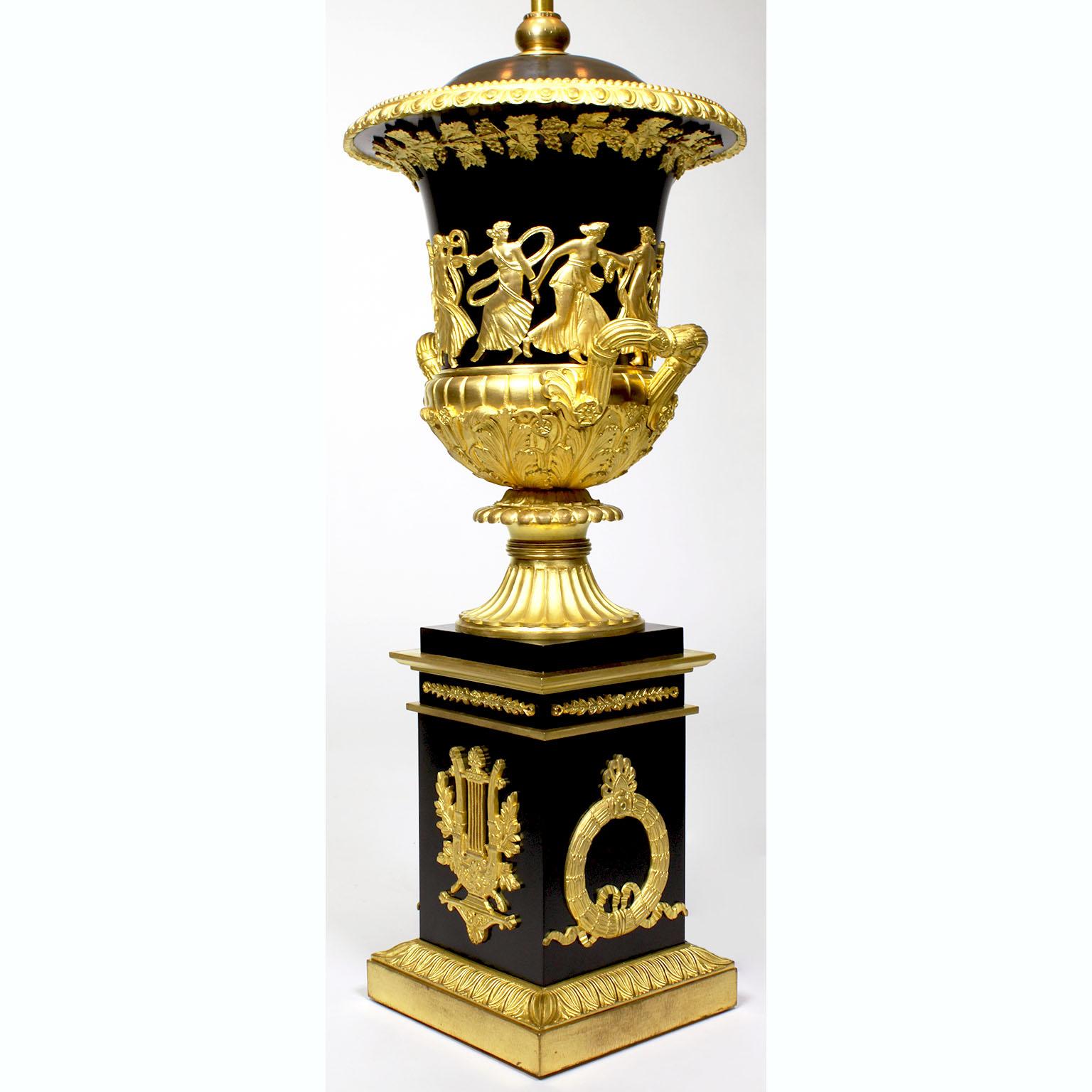 Patinated Pair French 19th Century Napoleon III Empire Style Gilt-Bronze Urn Table Lamps For Sale