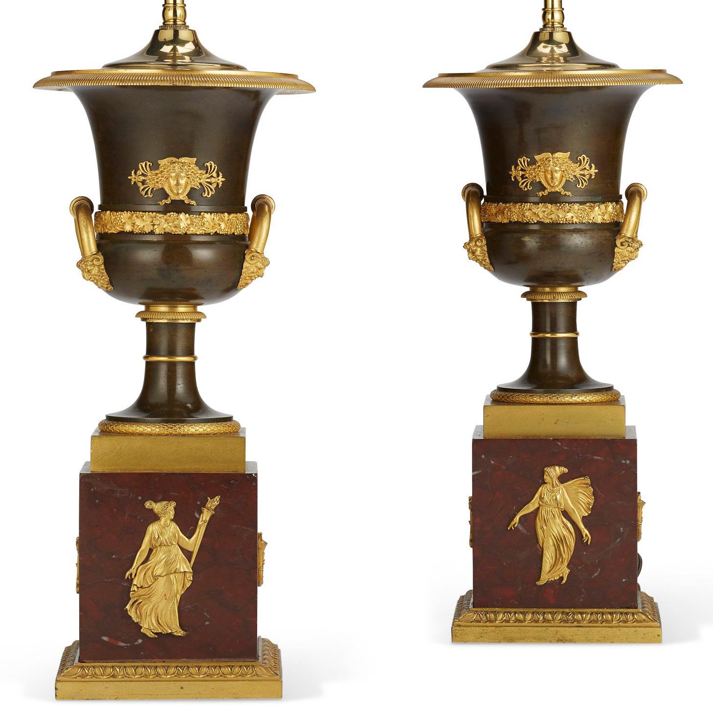 Patinated Pair French 19th Century Napoleon III Empire Style Gilt-Bronze Urn Table Lamps For Sale