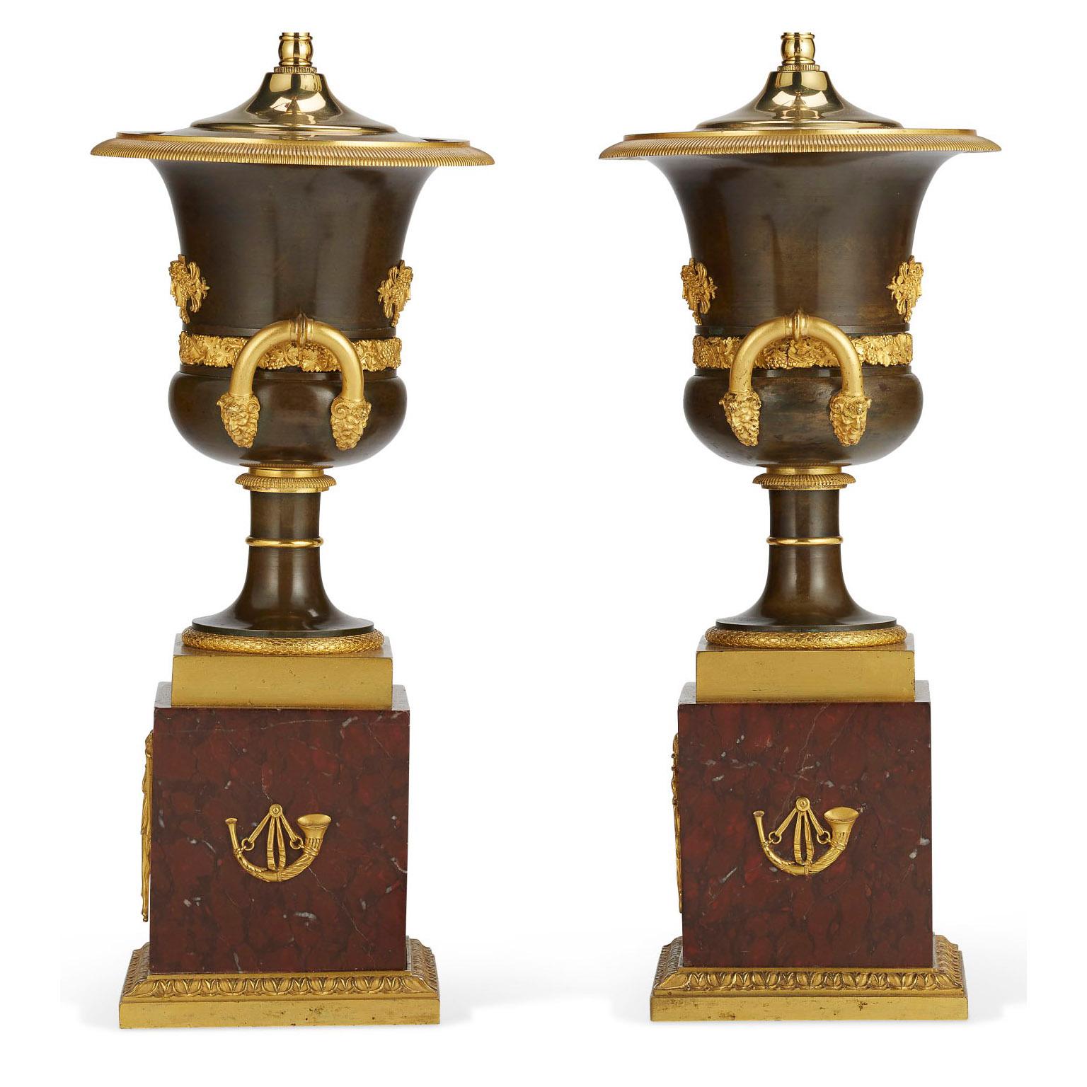 Marble Pair French 19th Century Napoleon III Empire Style Gilt-Bronze Urn Table Lamps For Sale