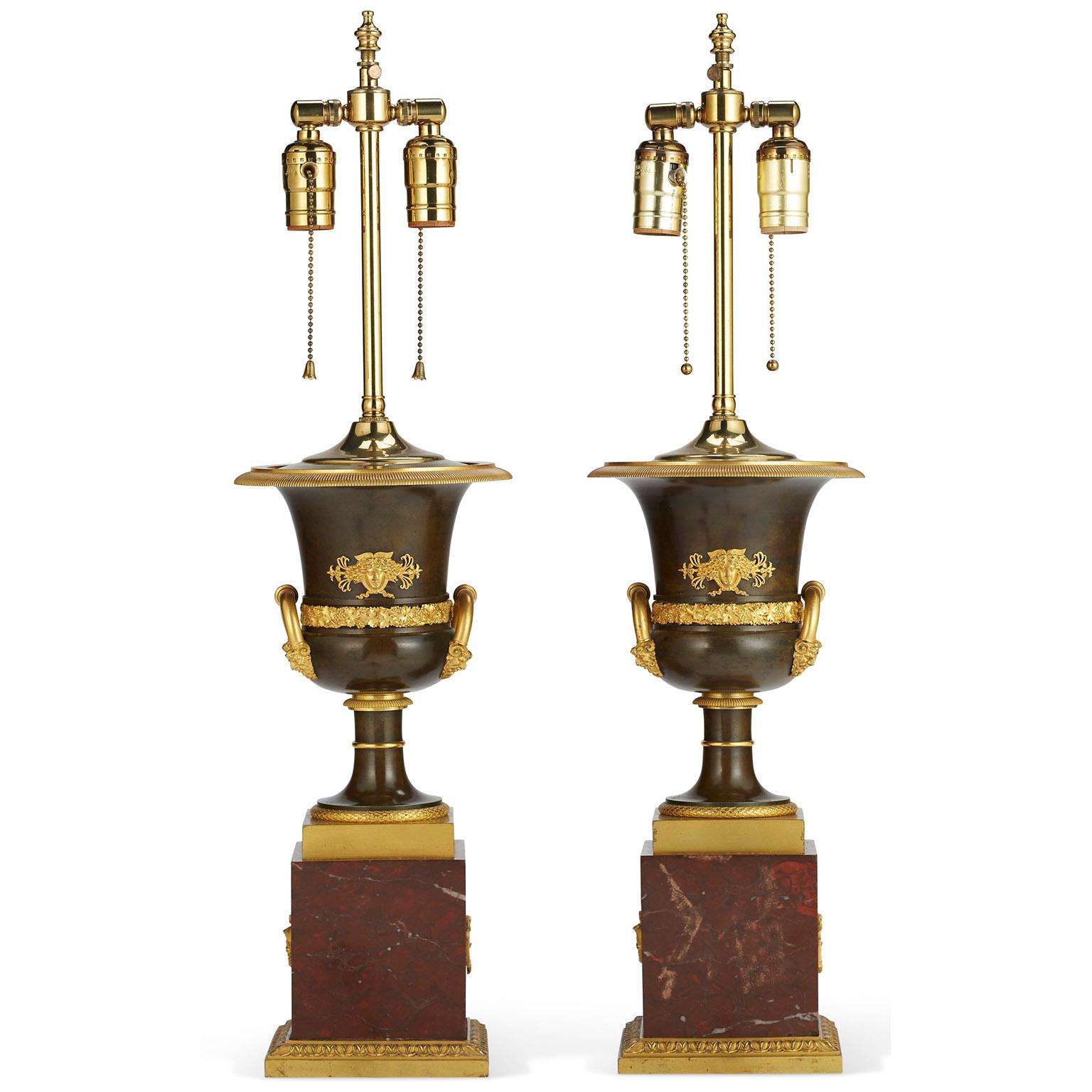 Pair French 19th Century Napoleon III Empire Style Gilt-Bronze Urn Table Lamps For Sale 1