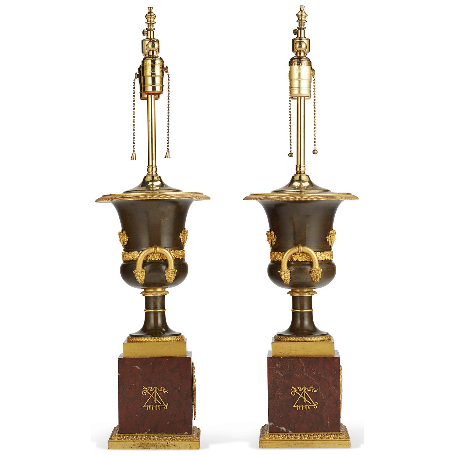 Pair French 19th Century Napoleon III Empire Style Gilt-Bronze Urn Table Lamps For Sale 2