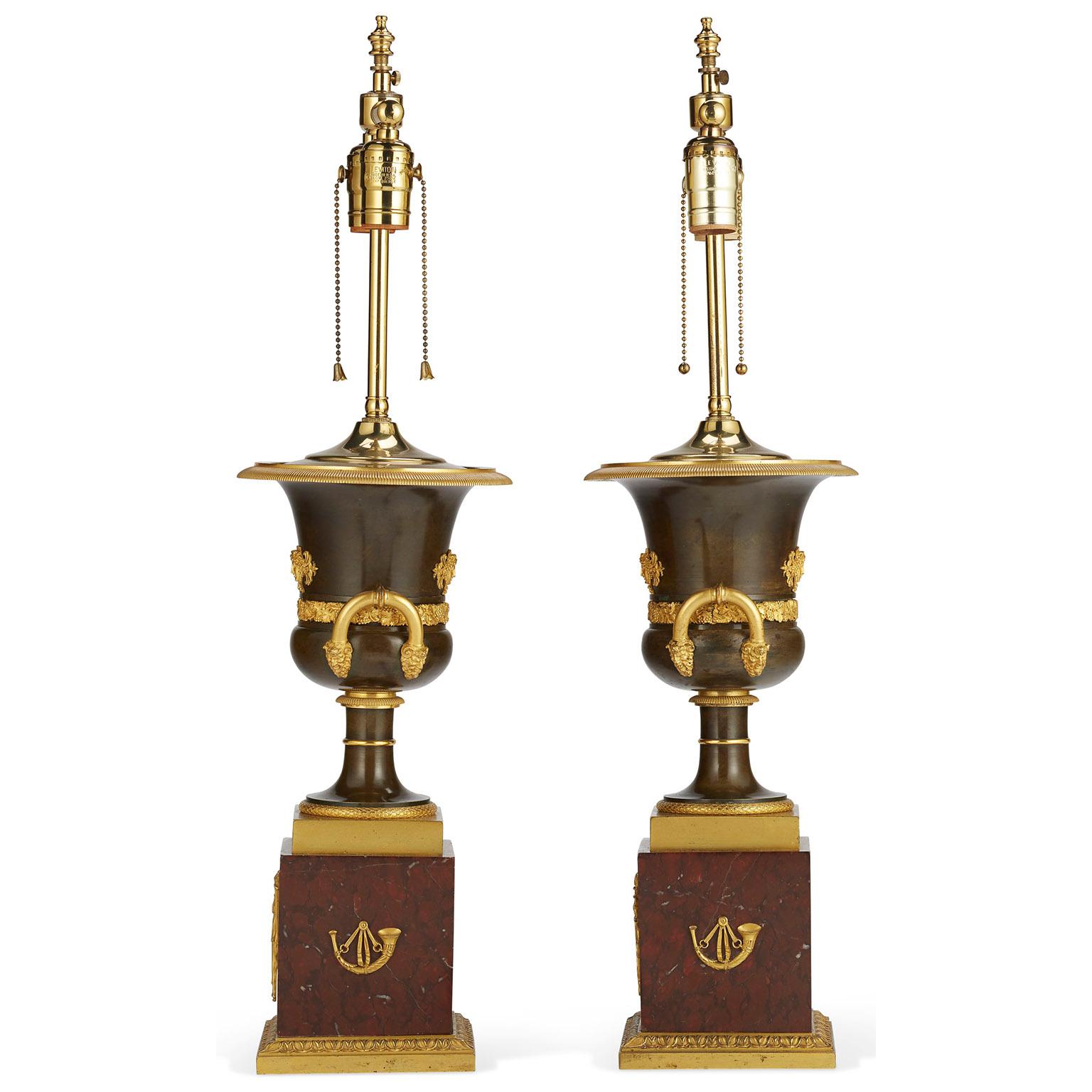 Pair French 19th Century Napoleon III Empire Style Gilt-Bronze Urn Table Lamps For Sale 3