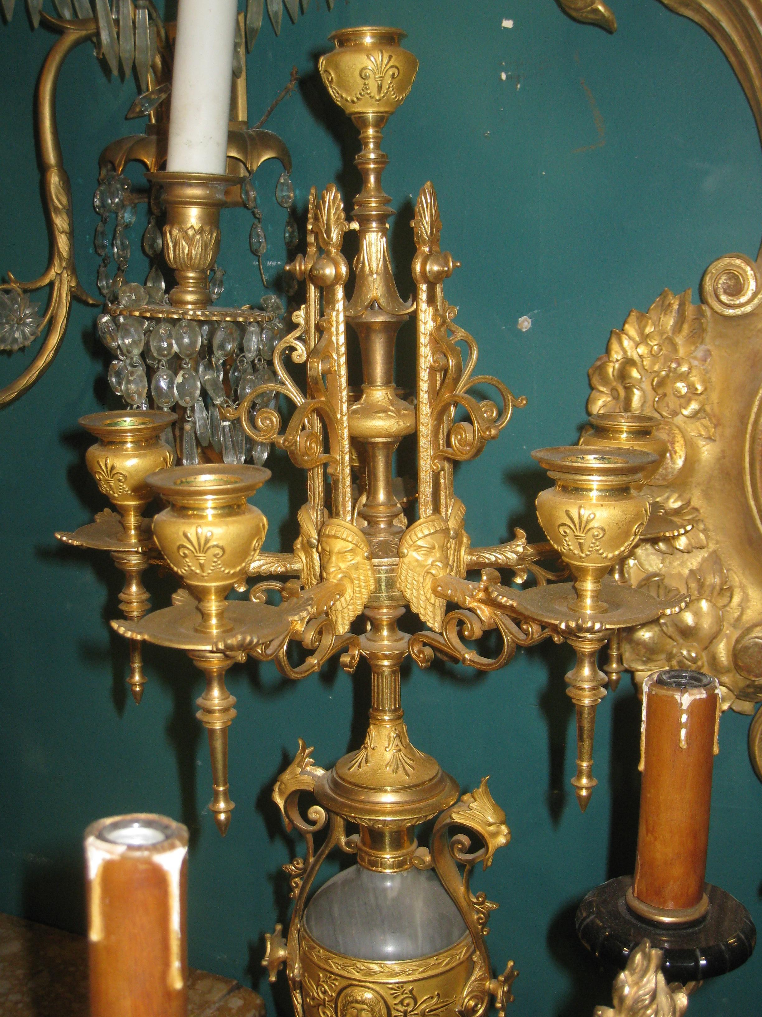 Pair French 19th Century Neo-Grecian Gilt Bronze Bleu Turquin Marble Candelabra For Sale 2