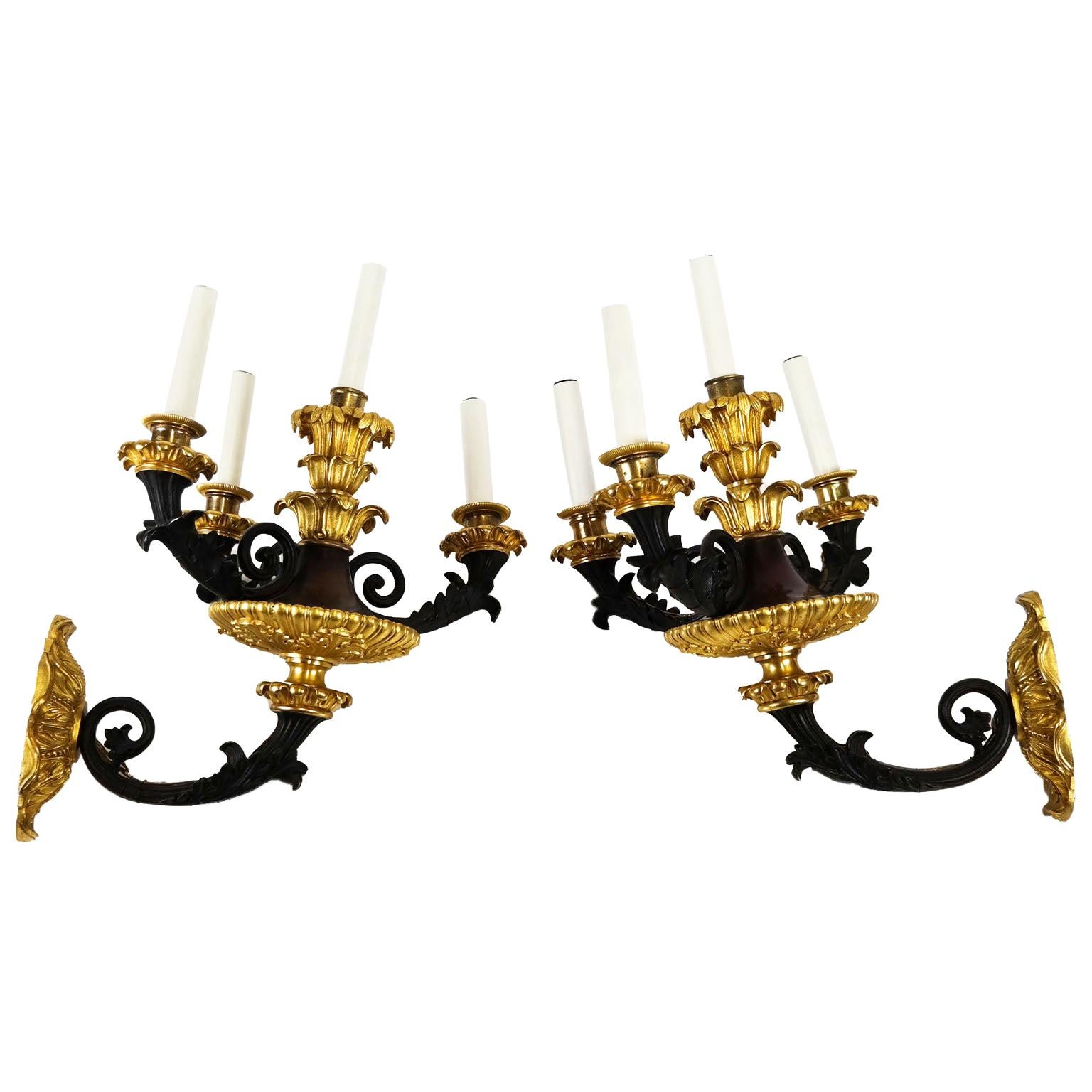 French 19th Century Neoclassical Empire Revival Style Bronze Wall Sconces, Pair For Sale