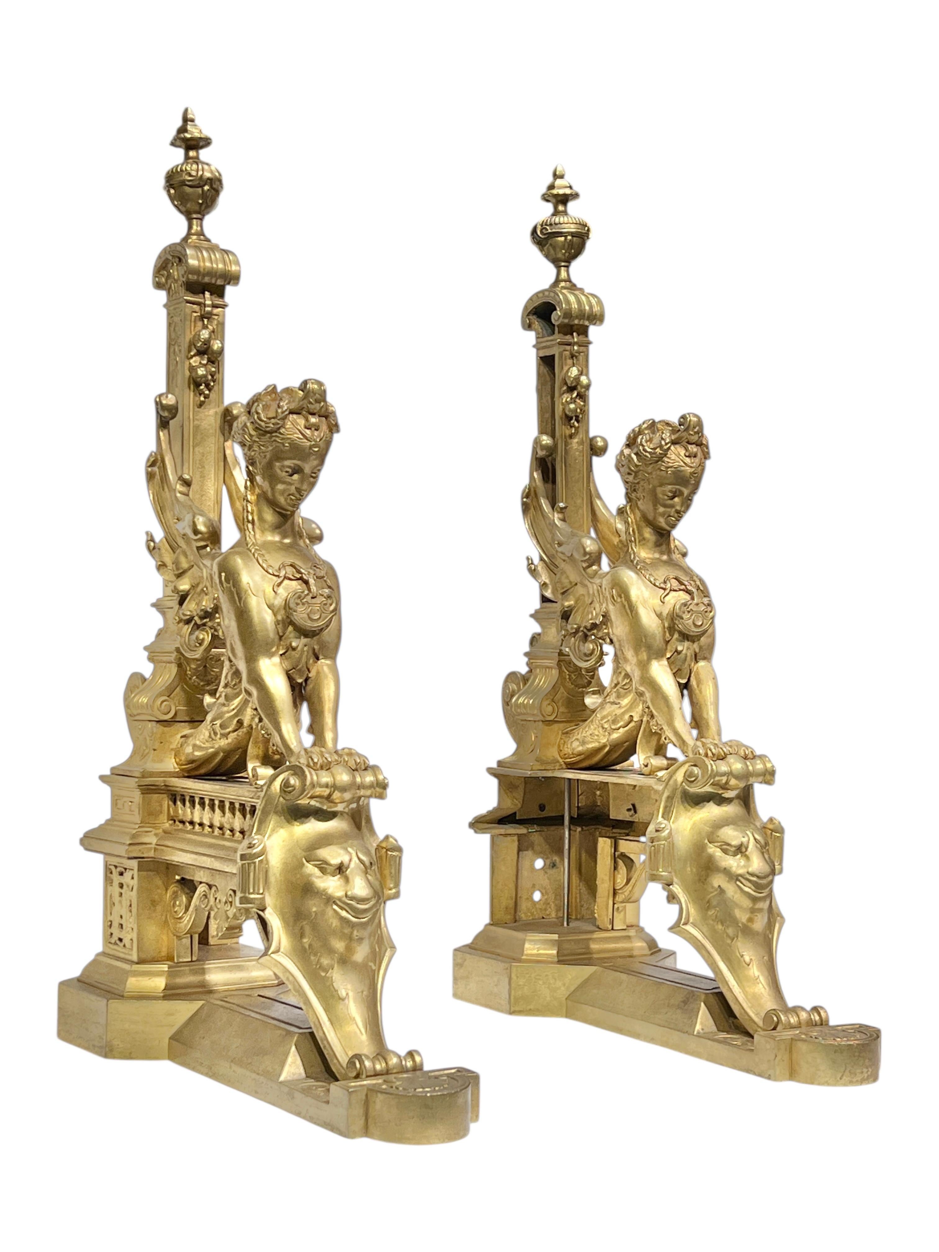 Pair French 19th Century Neoclassical Gilt Bronze Andirons / Chenets In Good Condition For Sale In New York, NY