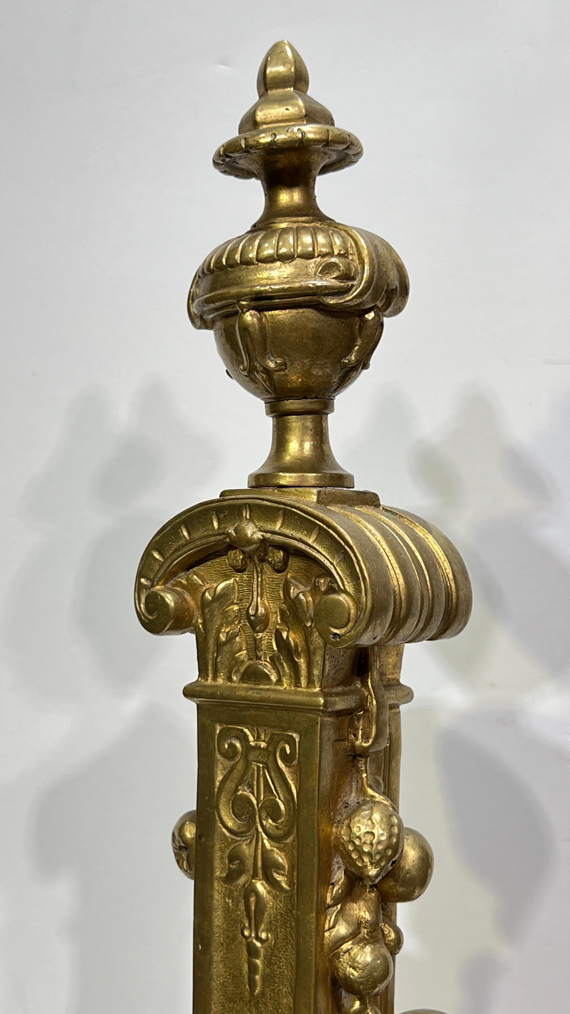 Pair French 19th Century Neoclassical Gilt Bronze Andirons / Chenets For Sale 1