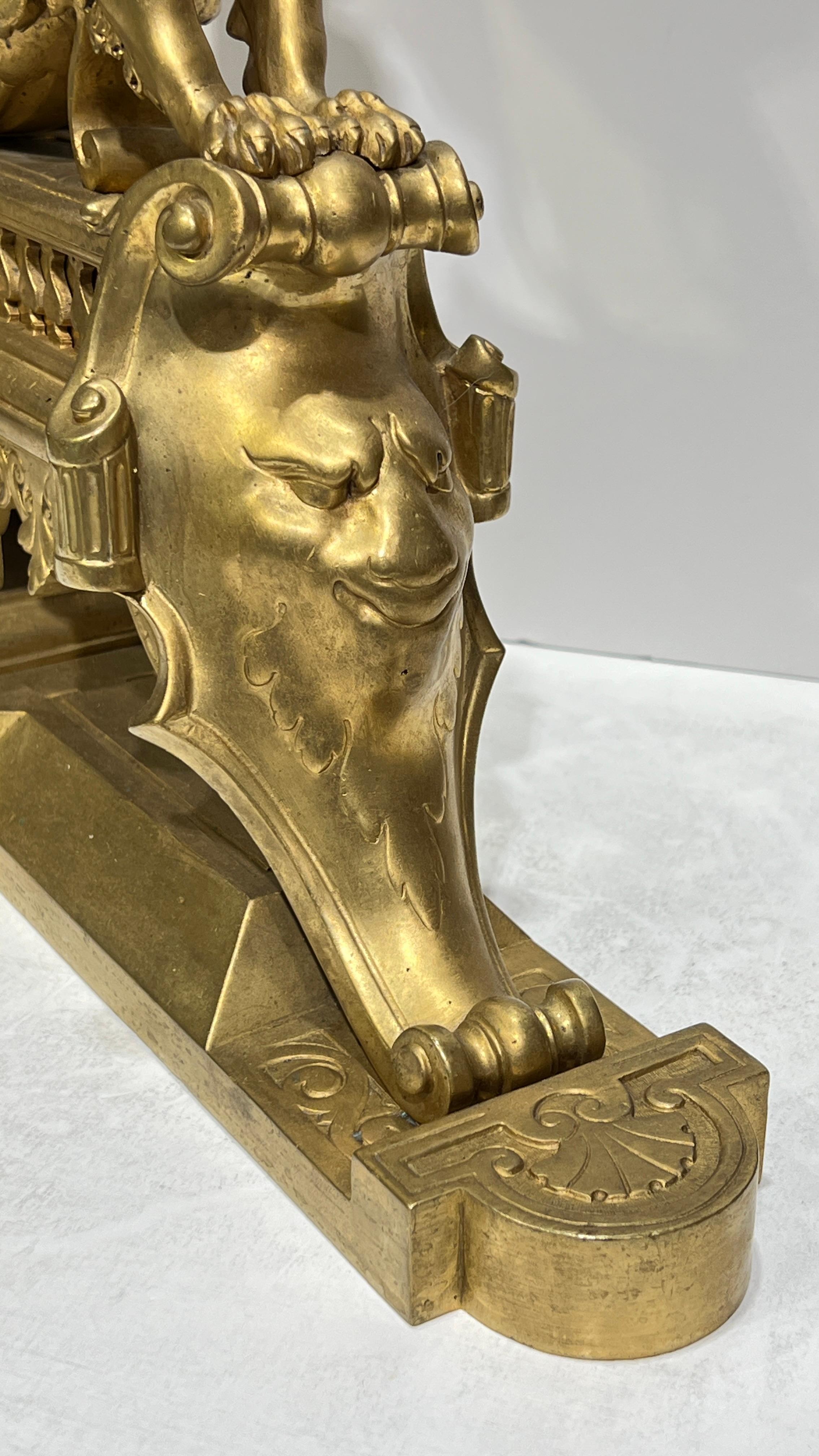 Pair French 19th Century Neoclassical Gilt Bronze Andirons / Chenets For Sale 2