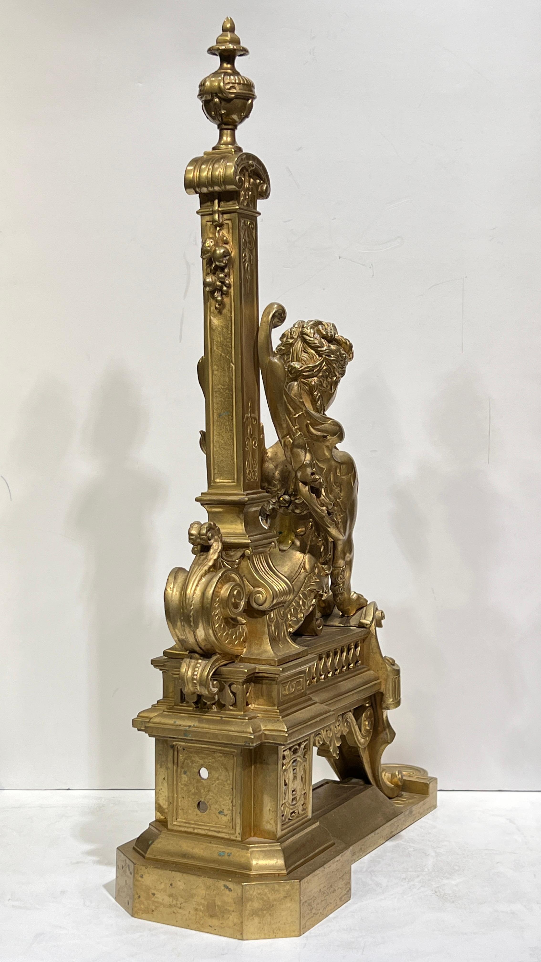 Pair French 19th Century Neoclassical Gilt Bronze Andirons / Chenets For Sale 3