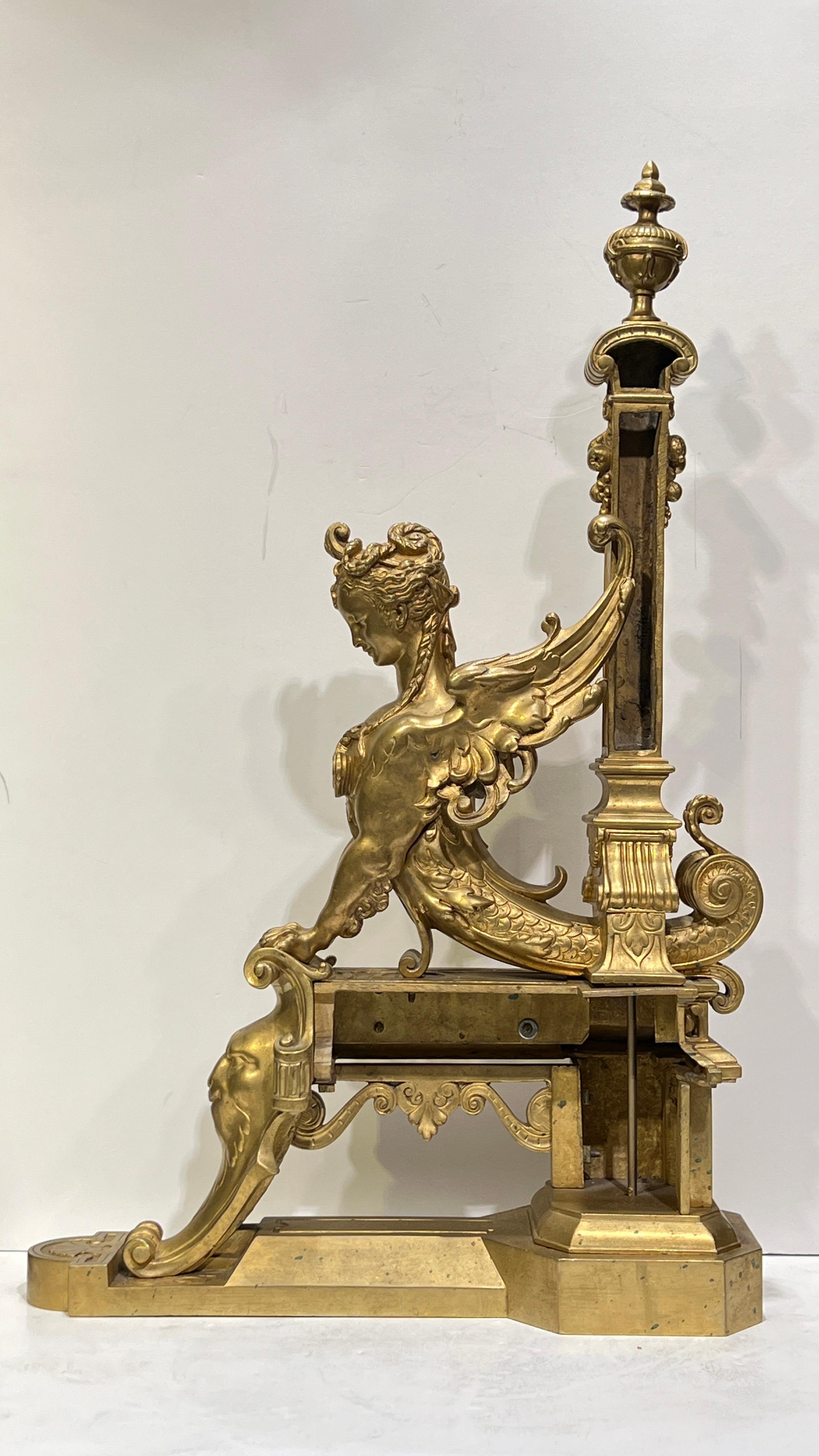 Pair French 19th Century Neoclassical Gilt Bronze Andirons / Chenets For Sale 5
