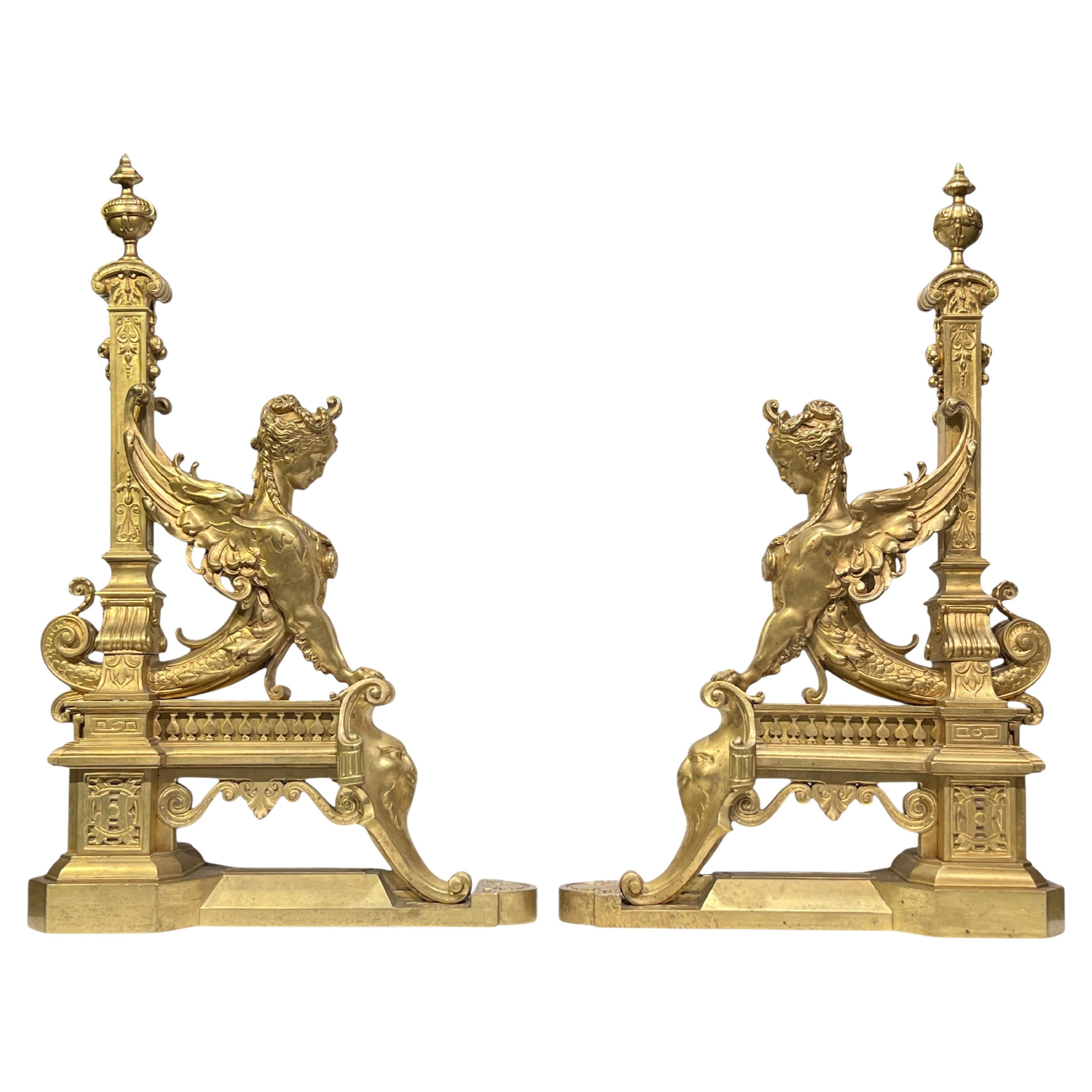 Pair French 19th Century Neoclassical Gilt Bronze Andirons / Chenets For Sale