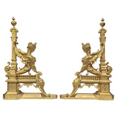 Pair French 19th Century Neoclassical Gilt Bronze Andirons / Chenets