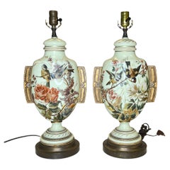 Pair French 19th Century Opaline Glass Table Lamps with Enameled Bird Decoration
