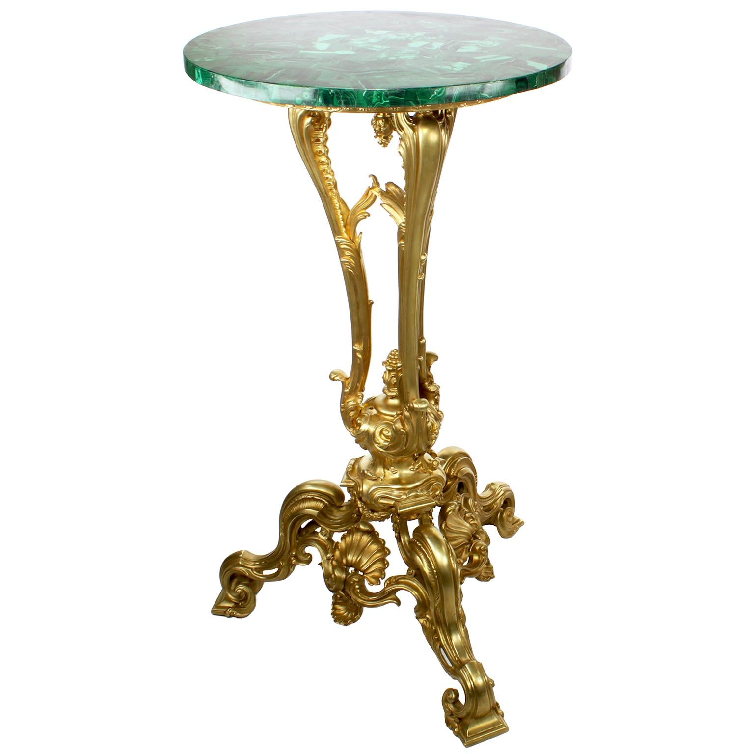 A Palatial very fine and rare pair of French 19th century Louis XV style Ormolu and Malachite Pedestal side tables, attributed to Frédéric-Eugène Piat (French, 1827-1903), the bronze casting by Georges Édouard Gagneau (1842-1909) Gagneau Frères. The