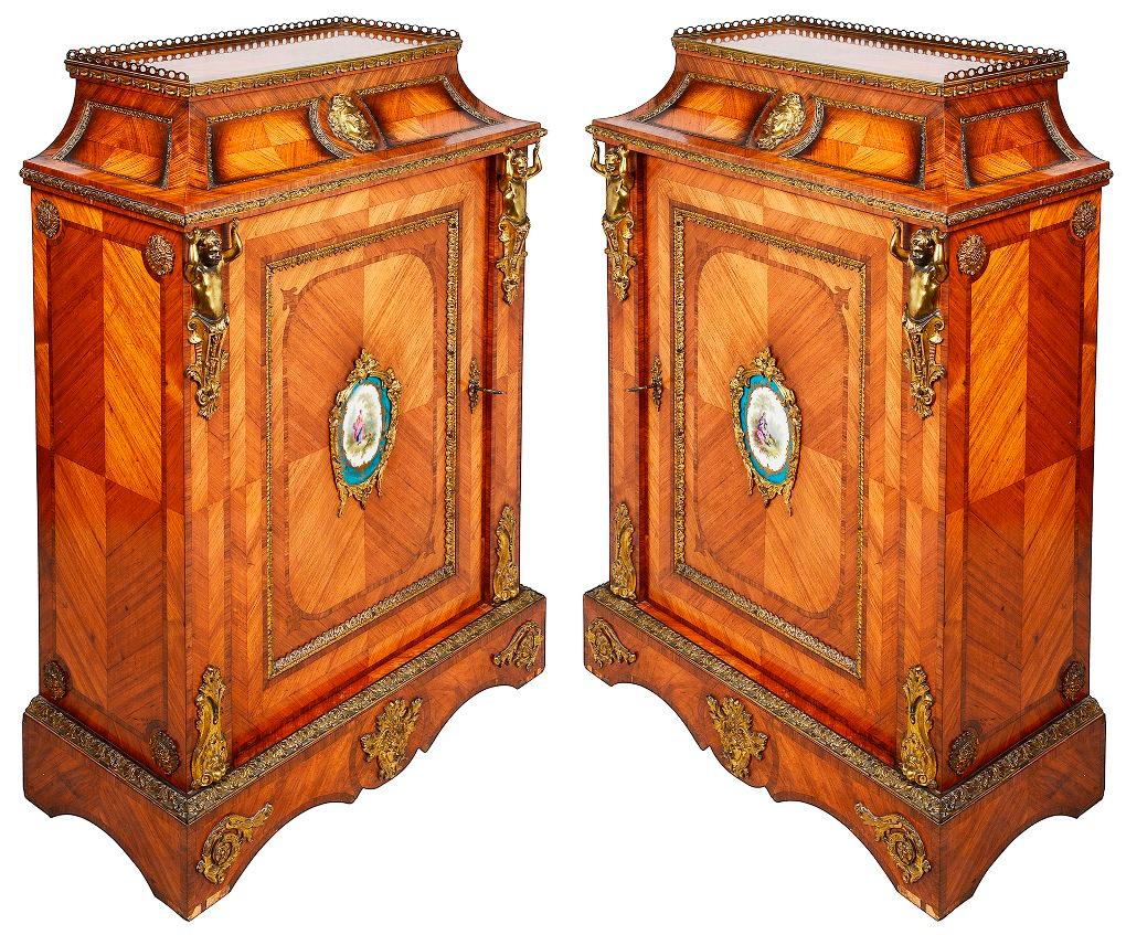 Pair French 19th Century Pier Cabinets, Porcelain Plaques For Sale 4