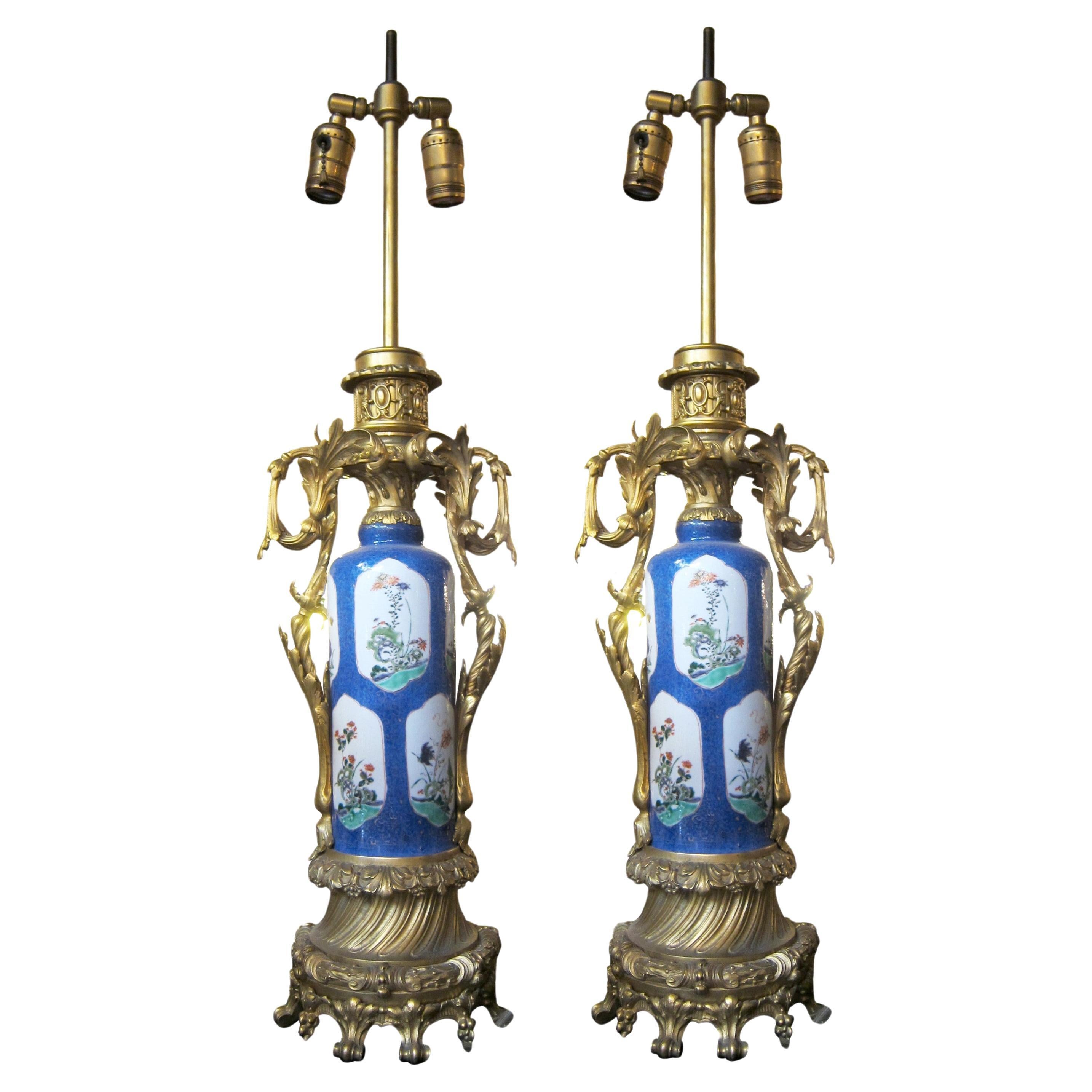 Pair French 19th Century Porcelain Urn 2 Bulb Table Lamps For Sale