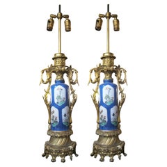 Pair French 19th Century Porcelain Urn 2 Bulb Table Lamps