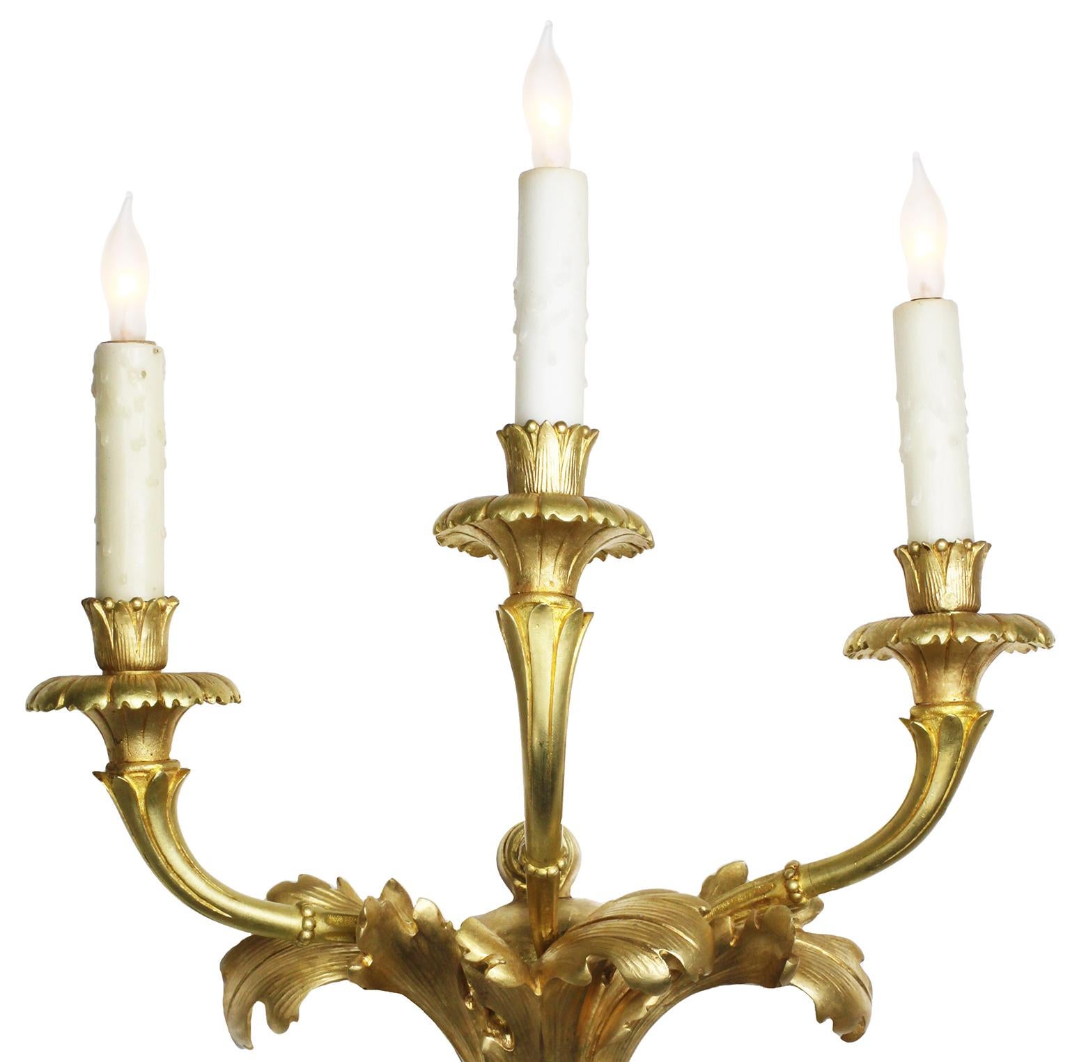 Regency Pair French 19th Century Régence Style 3-Light Gilt-Bronze Wall Lights Sconces For Sale