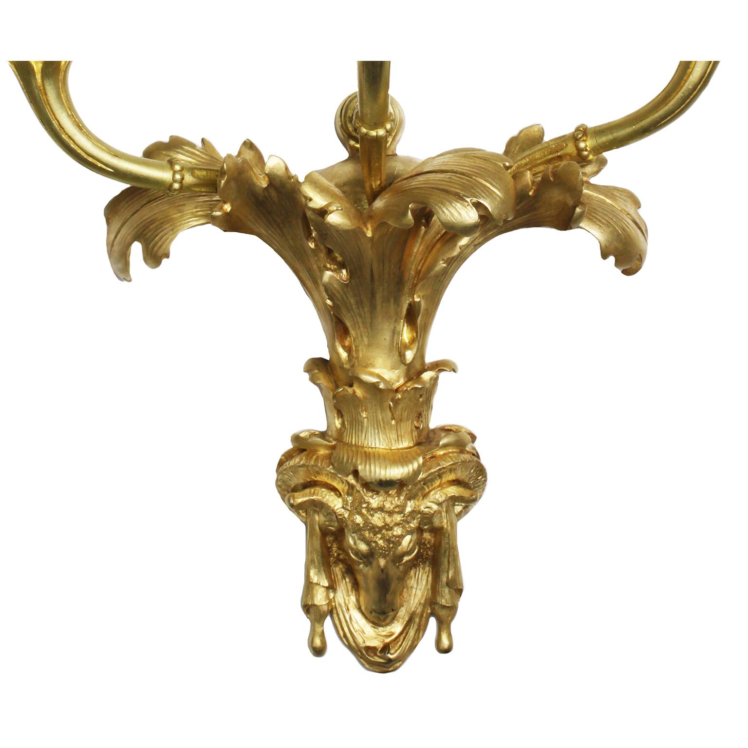 Pair French 19th Century Régence Style 3-Light Gilt-Bronze Wall Lights Sconces In Good Condition For Sale In Los Angeles, CA