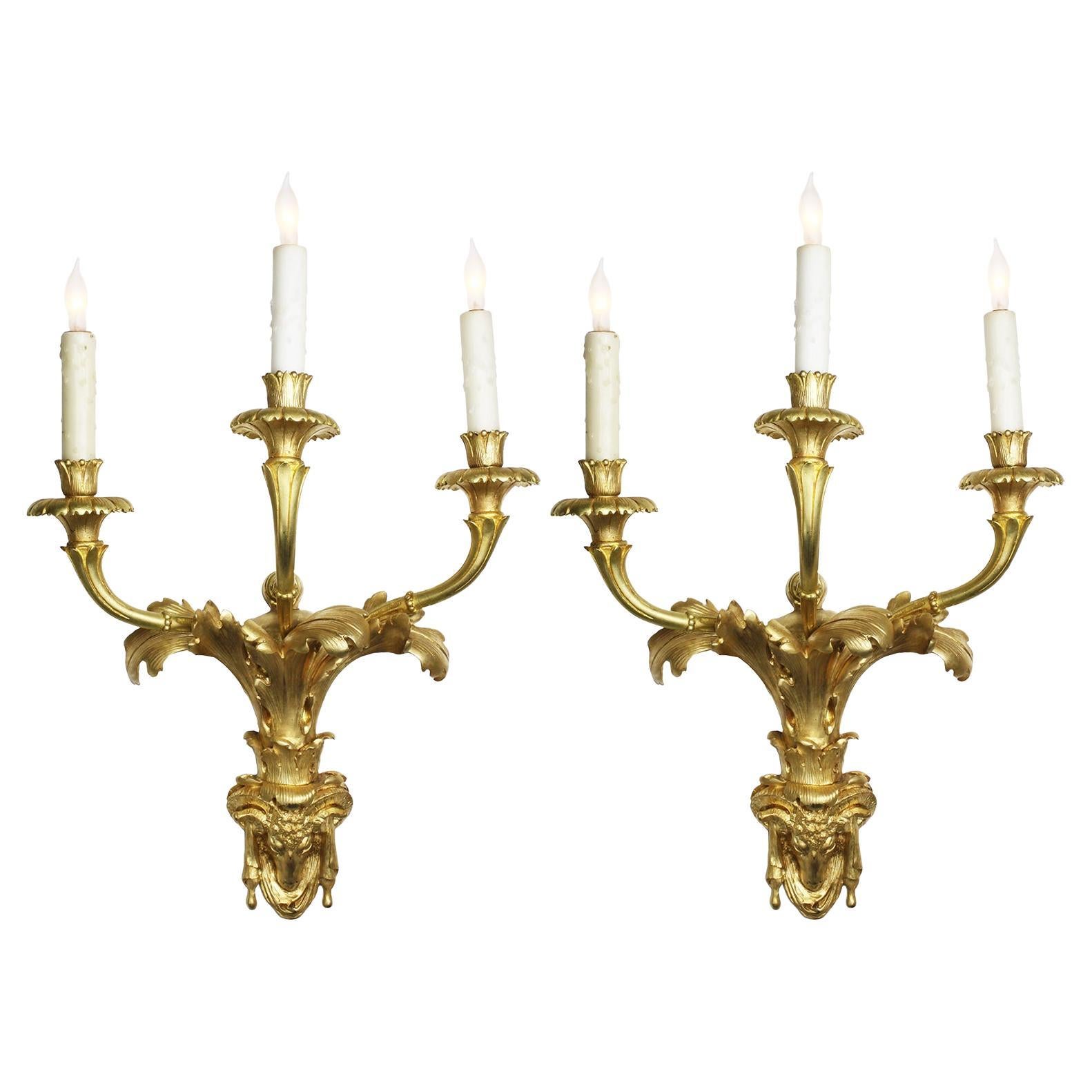 Pair French 19th Century Régence Style 3-Light Gilt-Bronze Wall Lights Sconces