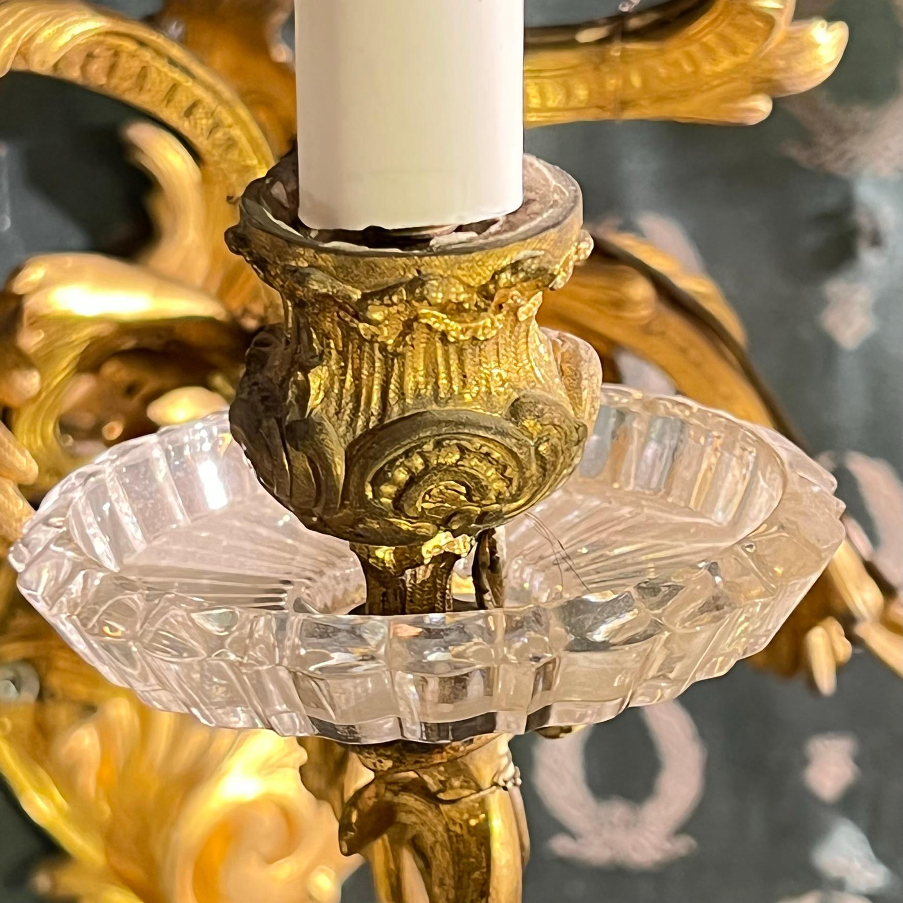 Pair French 19th Century Rococo Style Five-Arm Gilt Bronze and Crystal Sconces For Sale 13