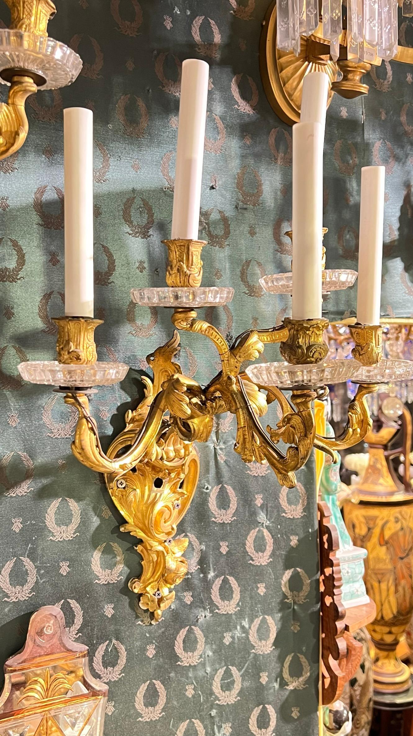 Pair French 19th Century Rococo Style Five-Arm Gilt Bronze and Crystal Sconces For Sale 2