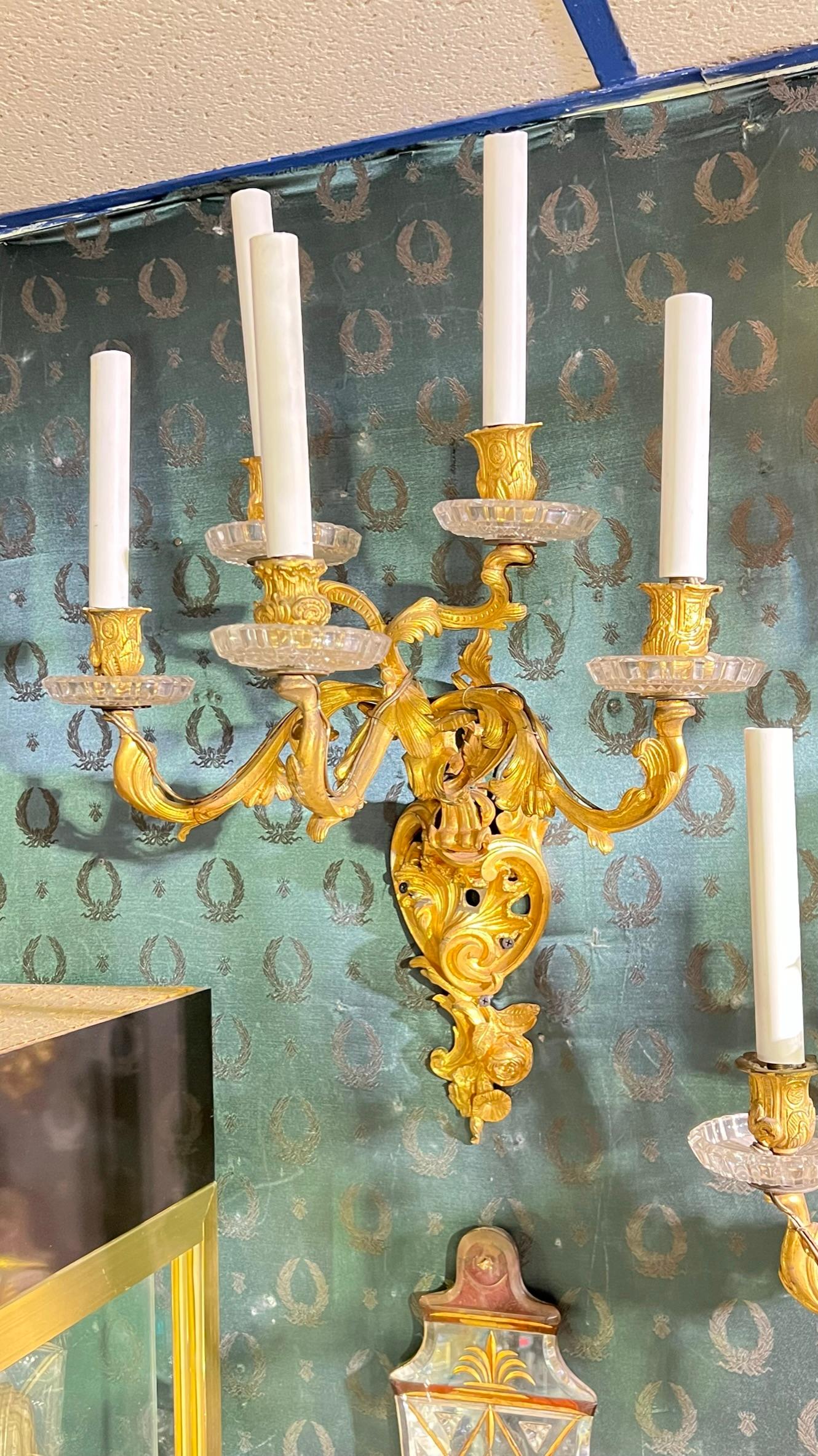 Pair French 19th Century Rococo Style Five-Arm Gilt Bronze and Crystal Sconces For Sale 3