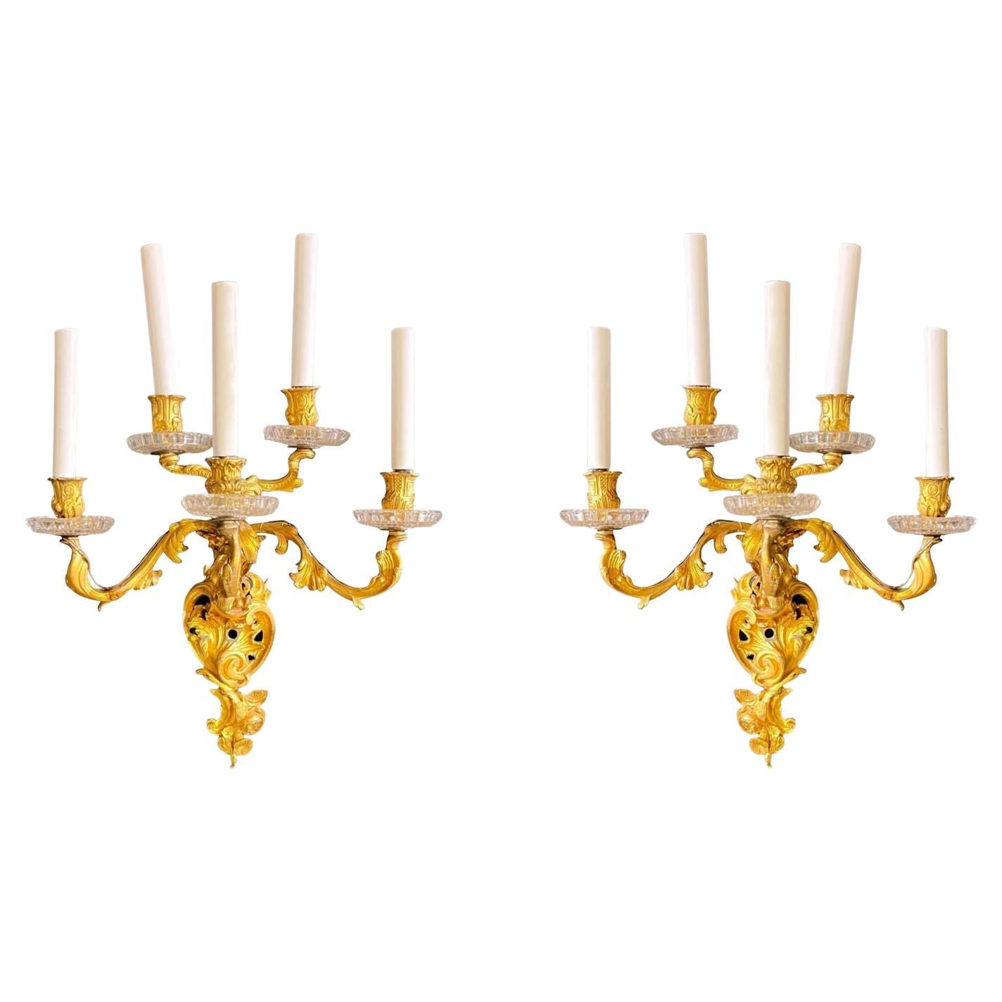 Pair French 19th Century Rococo Style Five-Arm Gilt Bronze and Crystal Sconces For Sale