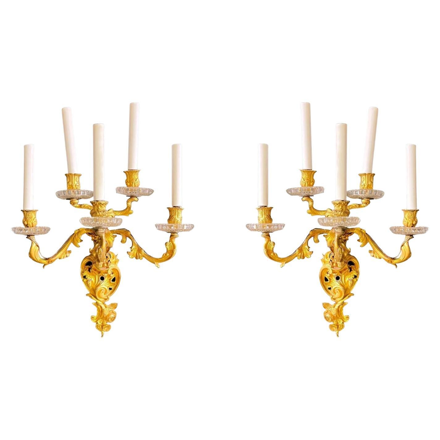 Pair French 19th Century Rococo Style Five-Arm Gilt Bronze and Crystal Sconces