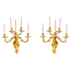 Pair French 19th Century Rococo Style Five-Arm Gilt Bronze and Crystal Sconces