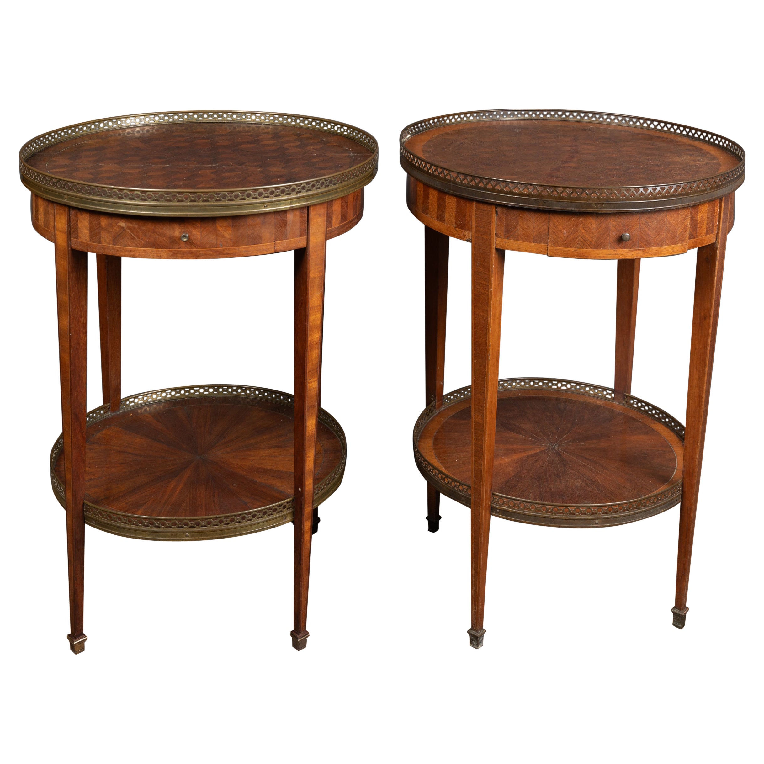Pair French 19th Century Round Satinwood Tables with Bronze Mounts For Sale
