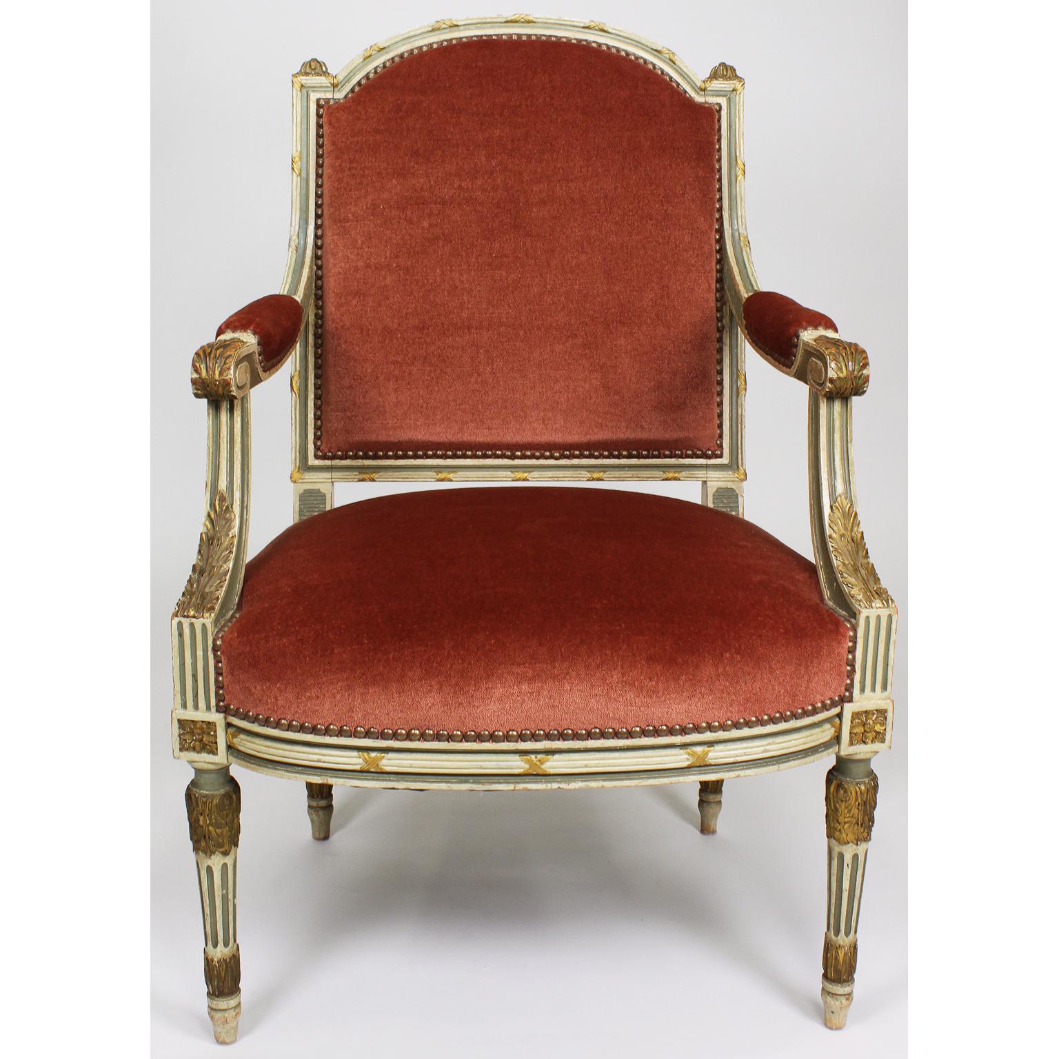 Hand-Carved Pair of French Louis XVI Style Gilt, Cream /Green Painted Fauteuils Armchairs For Sale