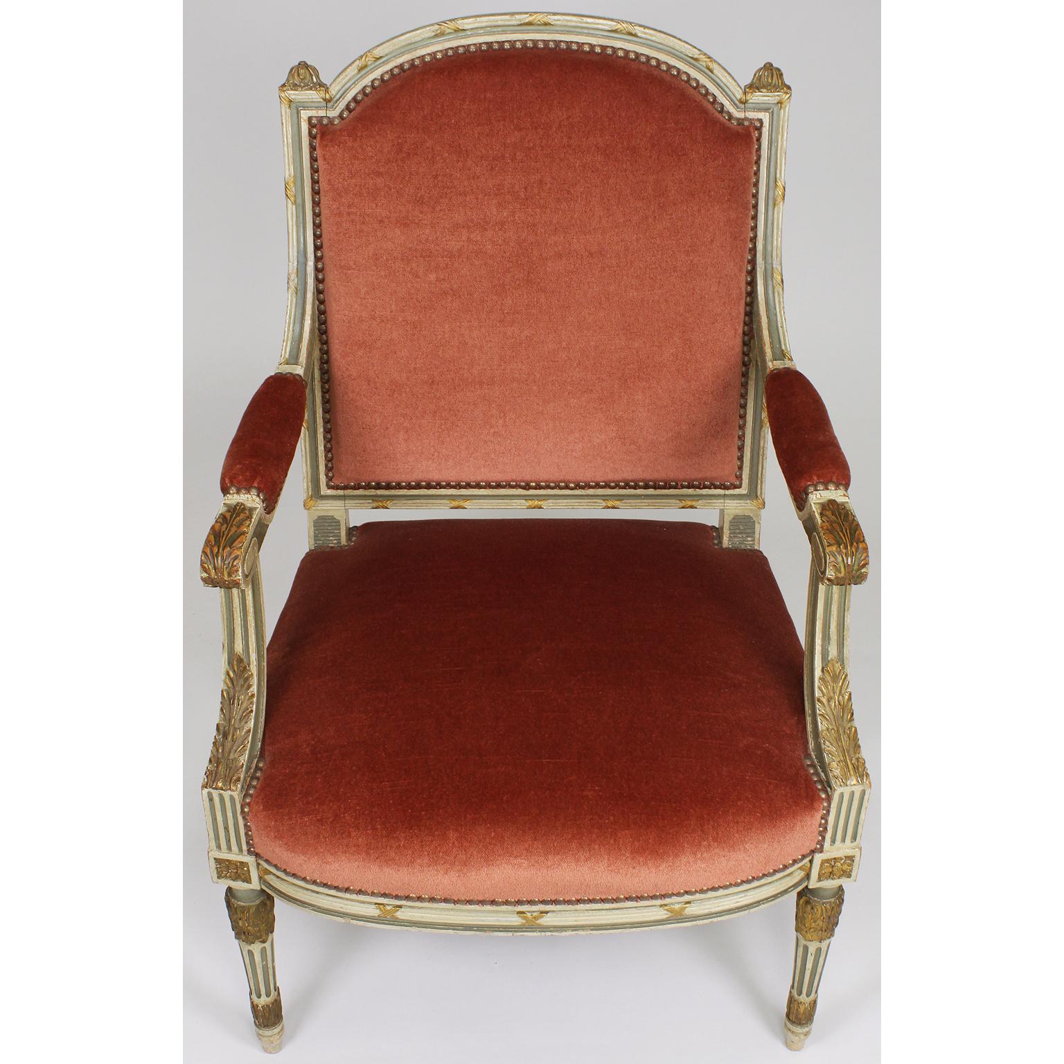 Pair of French Louis XVI Style Gilt, Cream /Green Painted Fauteuils Armchairs In Good Condition For Sale In Los Angeles, CA