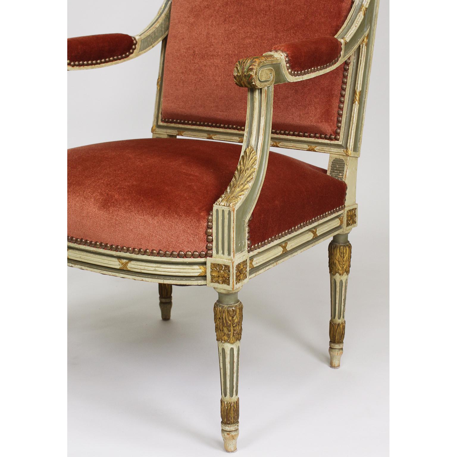 Velvet Pair of French Louis XVI Style Gilt, Cream /Green Painted Fauteuils Armchairs For Sale