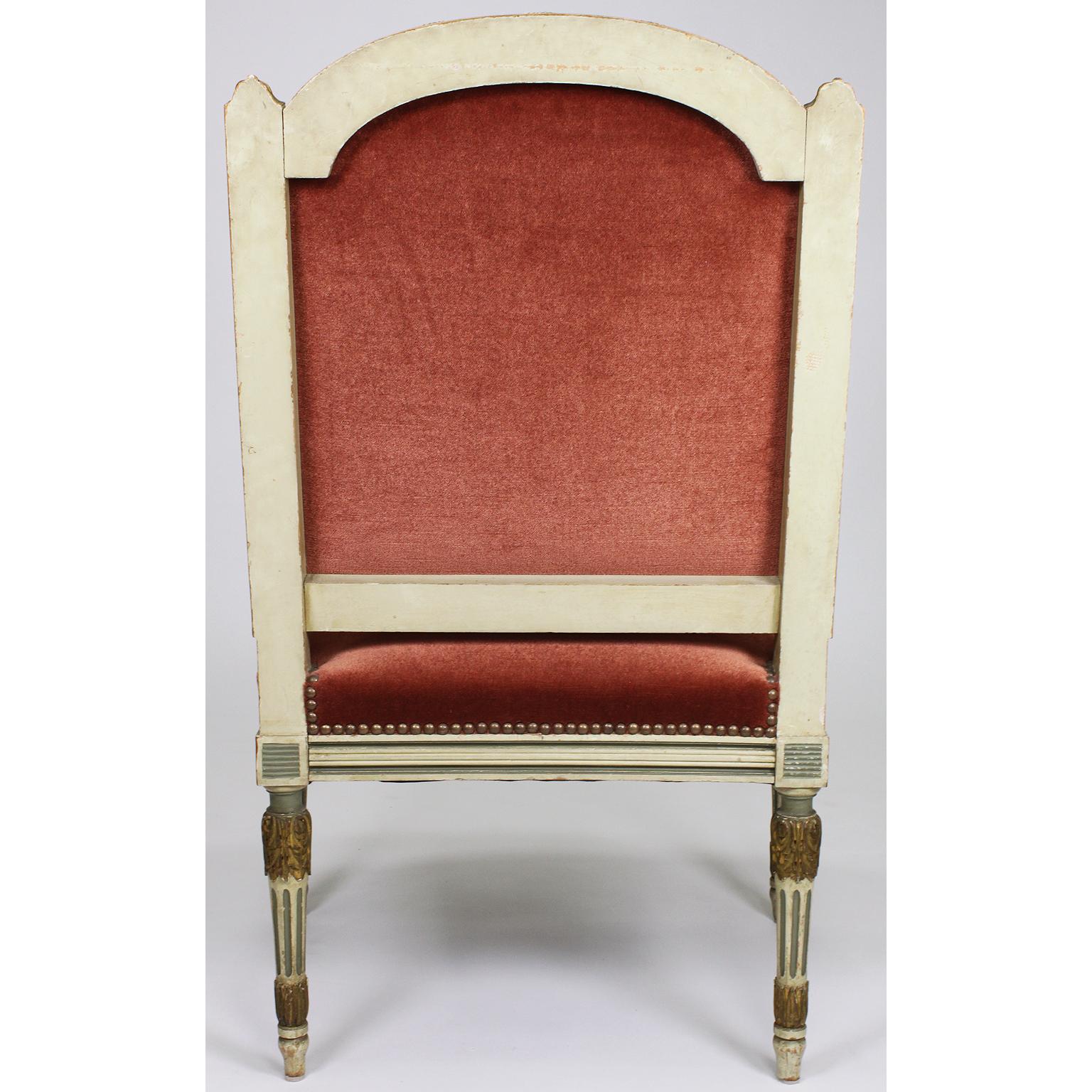 Pair of French Louis XVI Style Gilt, Cream /Green Painted Fauteuils Armchairs For Sale 2
