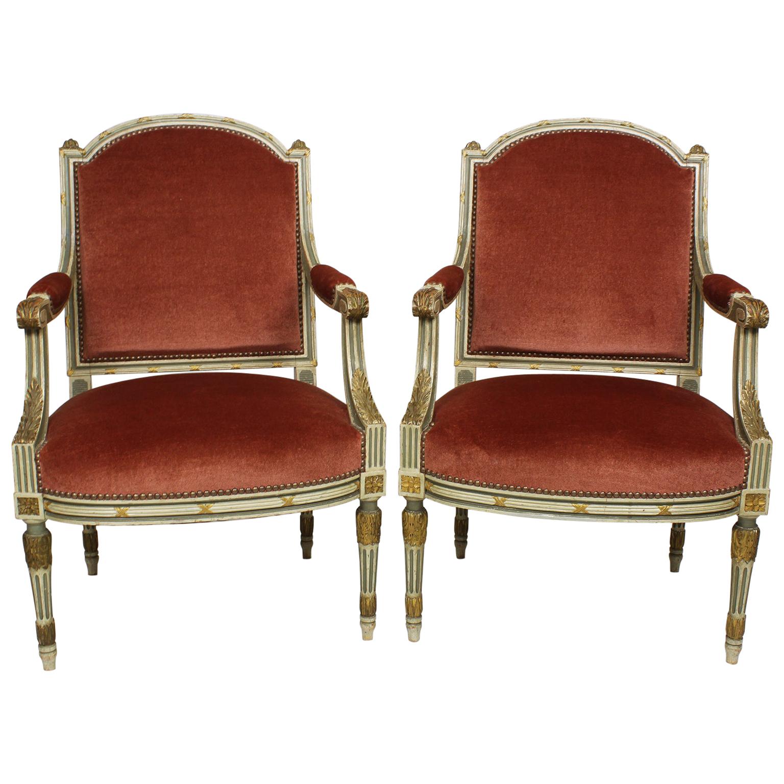 Pair of French Louis XVI Style Gilt, Cream /Green Painted Fauteuils Armchairs