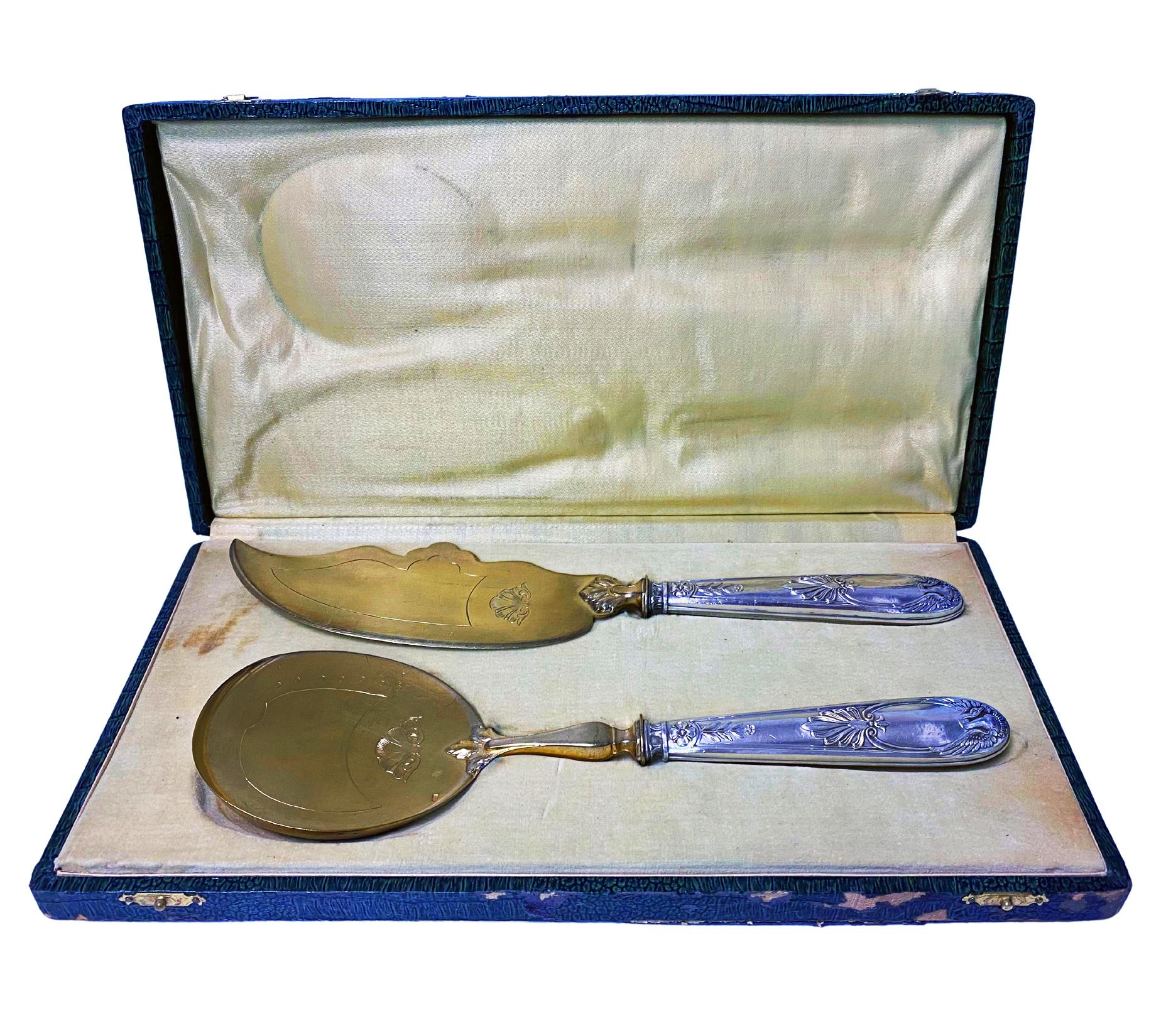 Boxed Pair French 1st standard Silver (.950) Fruit and Cake Servers C.1920. Unusual swan amidst foliate design silver handles with vermeil on white metal spade and slice. French silver and blanc metal marks for Robert Louis of Paris who was active