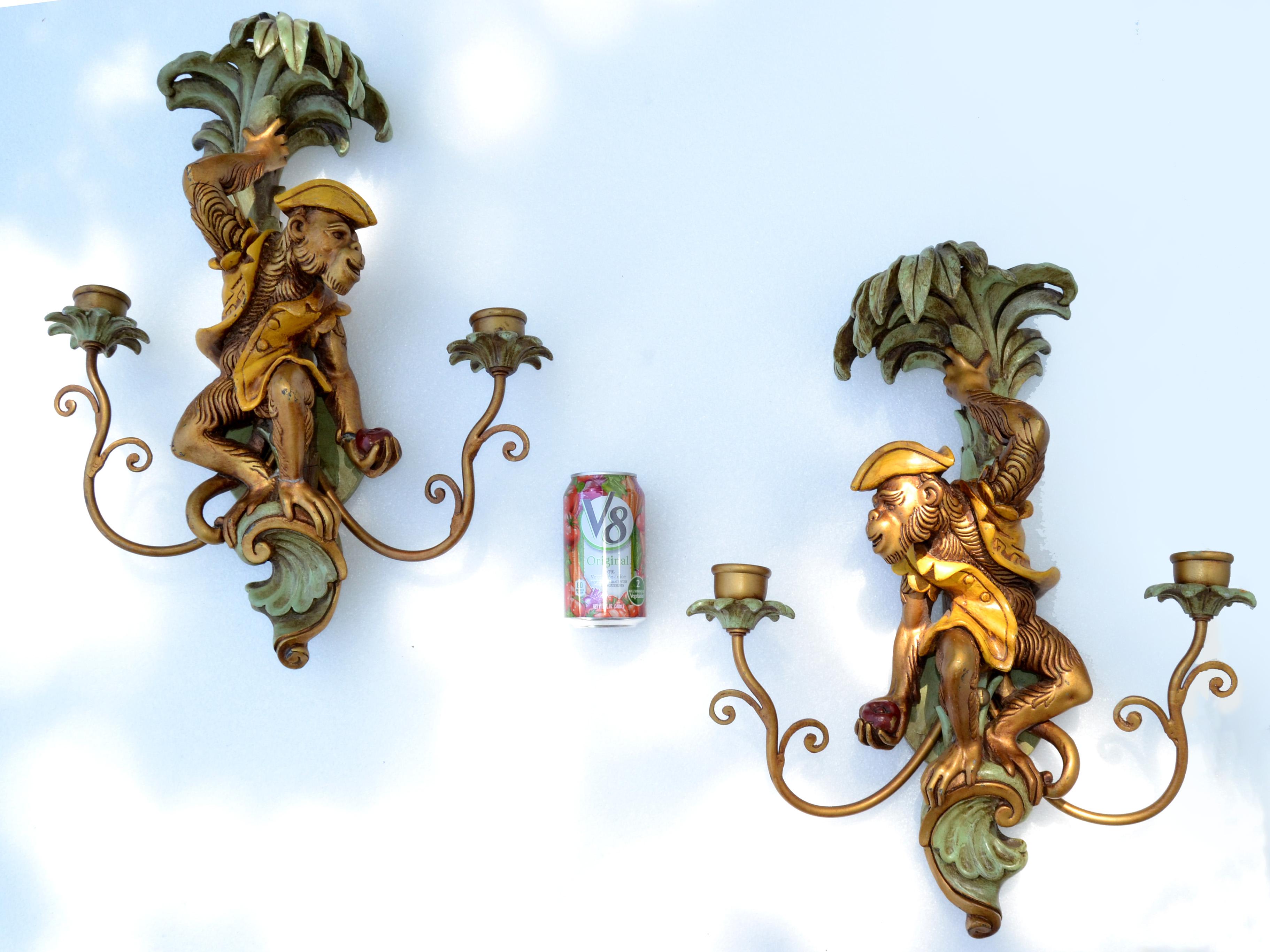 Pair, French 2 Arm Carved Wood & Brass Monkey Mirror Image Sconces Wall Lamps 1