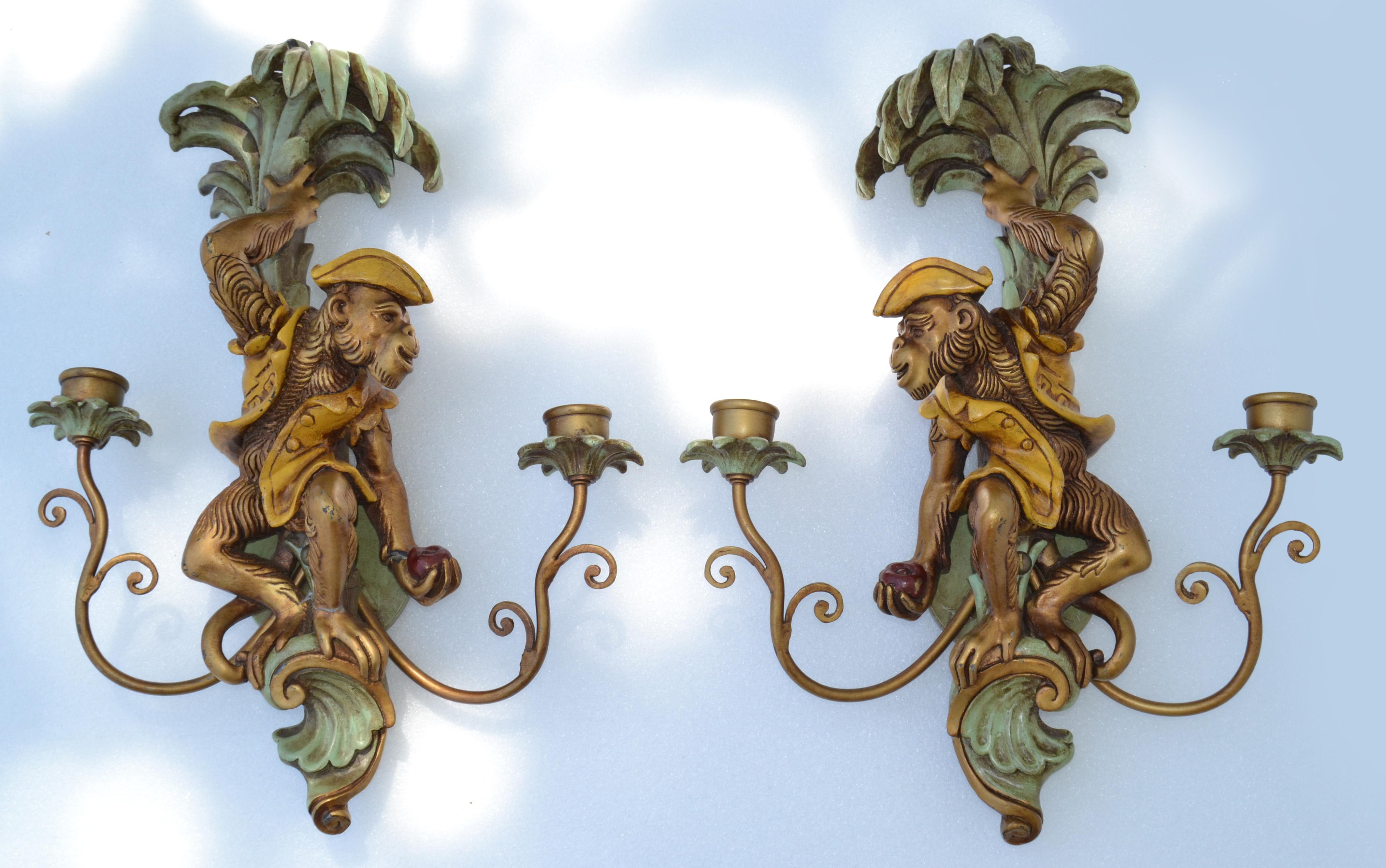Pair, French 2 Arm Carved Wood & Brass Monkey Mirror Image Sconces Wall Lamps 6