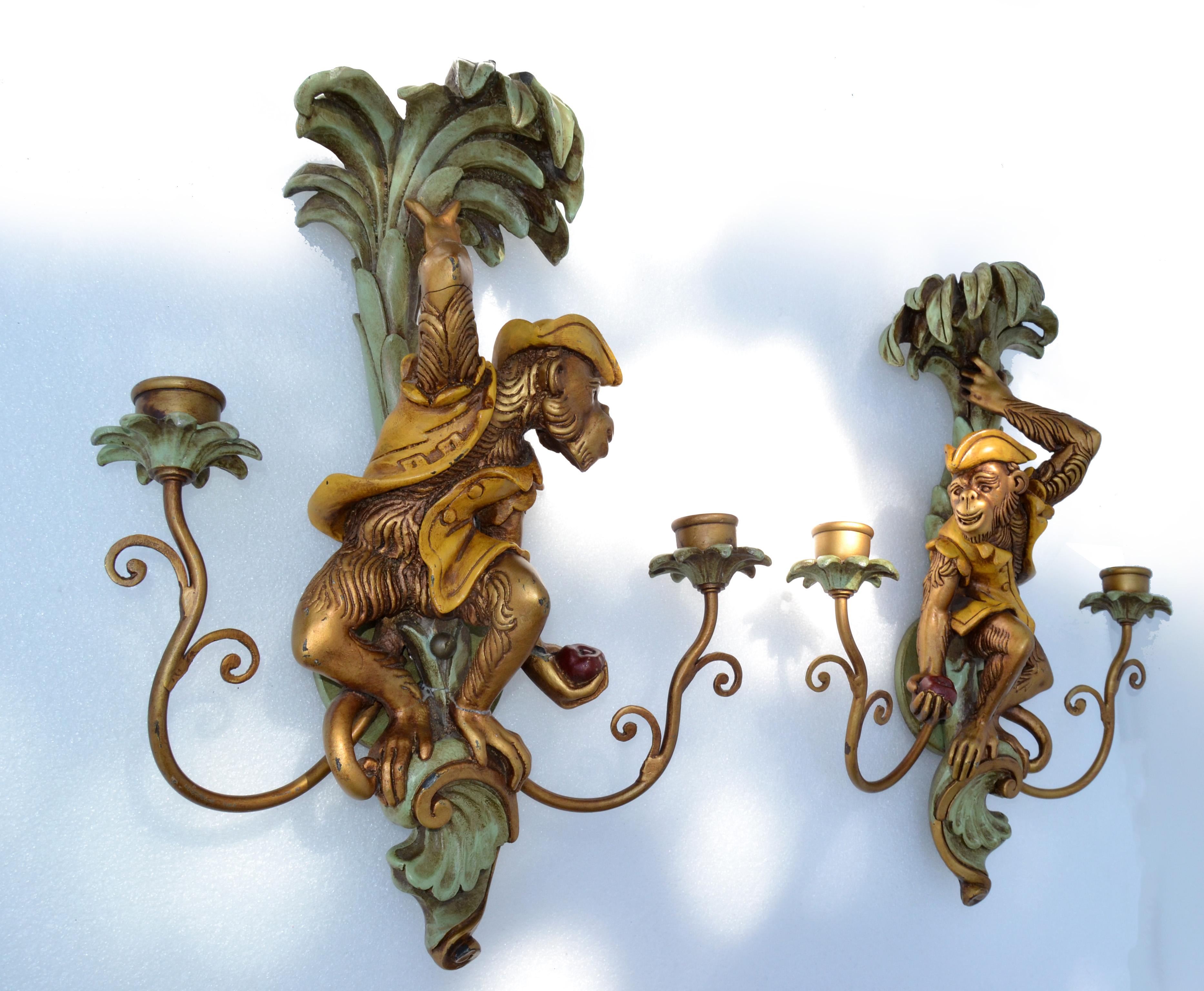 Pair, French 2 Arm Carved Wood & Brass Monkey Mirror Image Sconces Wall Lamps 7