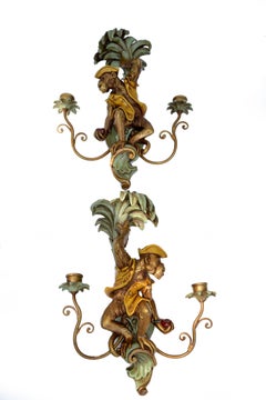 Pair, French 2 Arm Carved Wood & Brass Monkey Mirror Image Sconces Wall Lamps