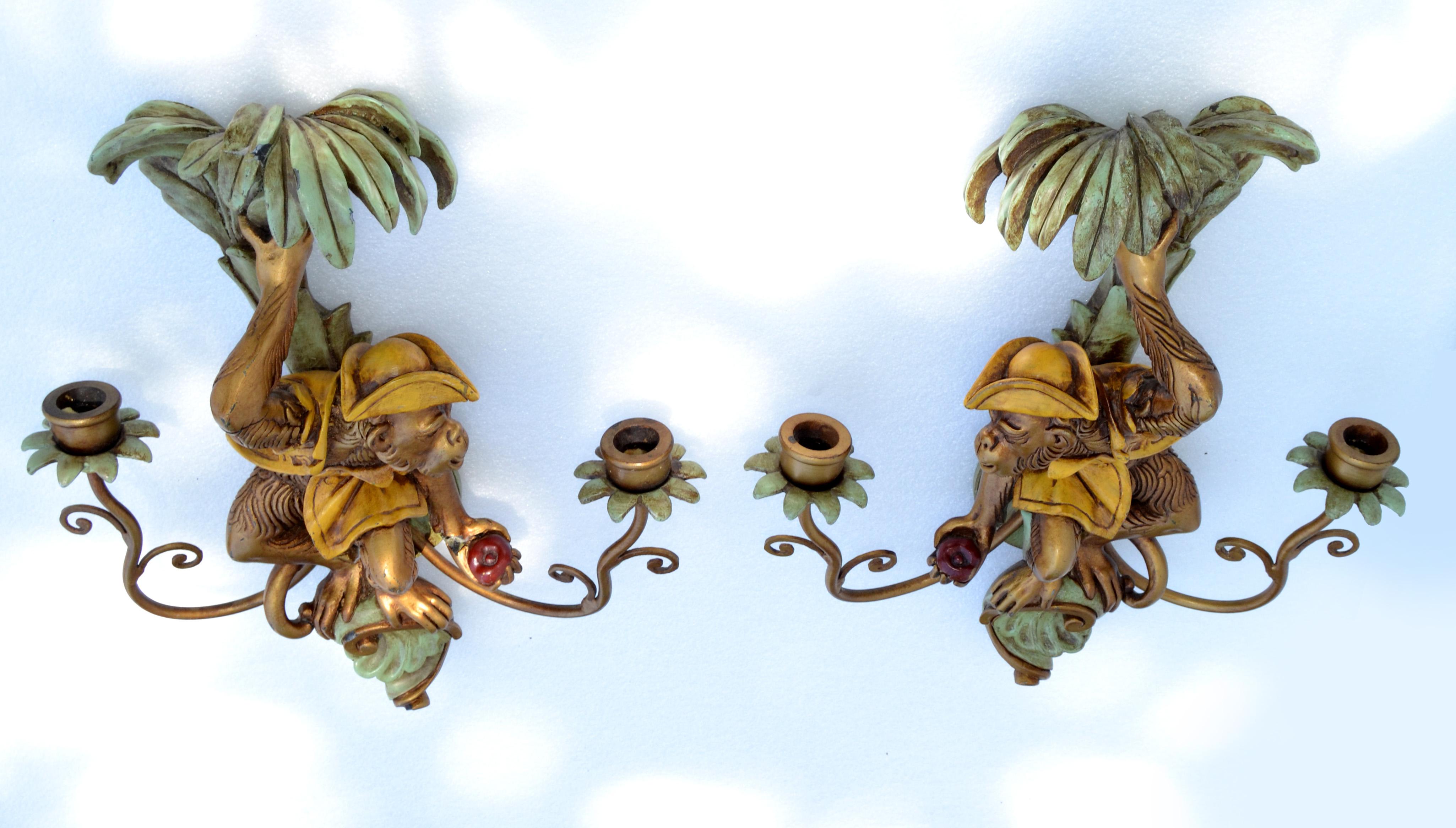 20th Century Pair, French 2 Arm Carved Wood & Brass Monkey Mirror Image Sconces Wall Lamps
