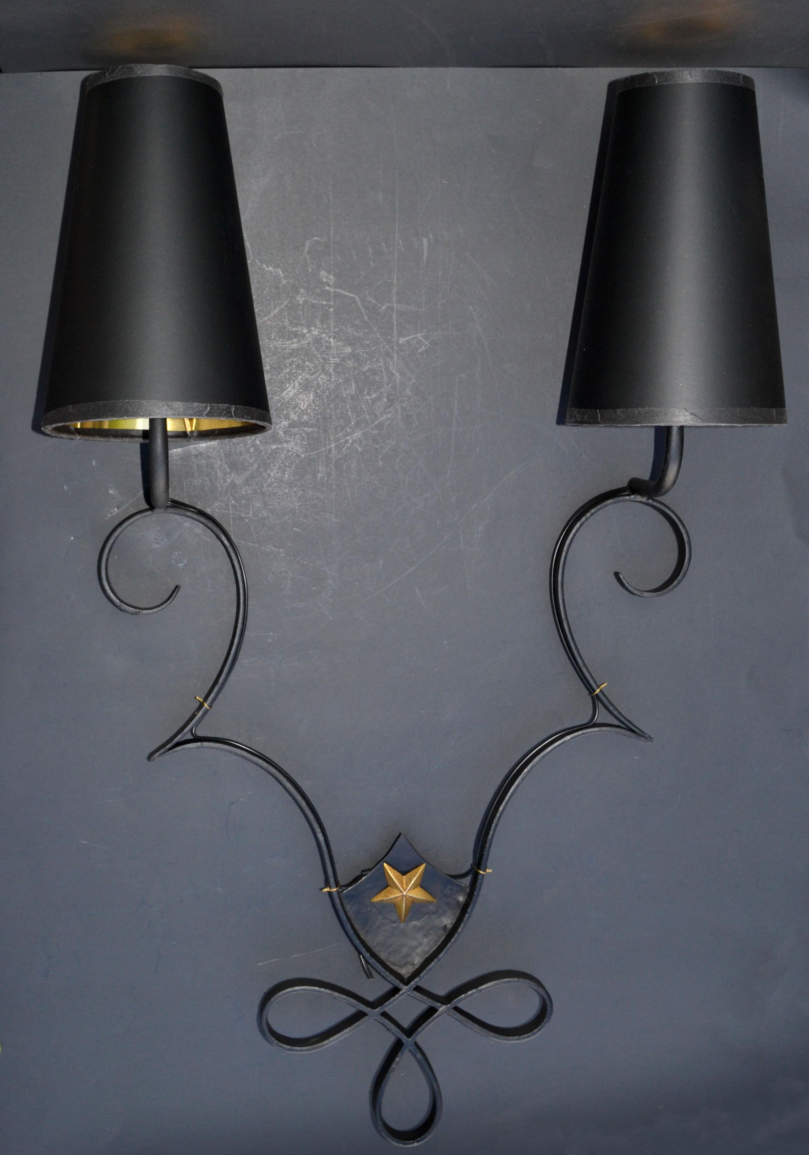 Pair, French 2 Lights Wrought Iron & Brass Wall Sconces Gilbert Poillerat Style 6